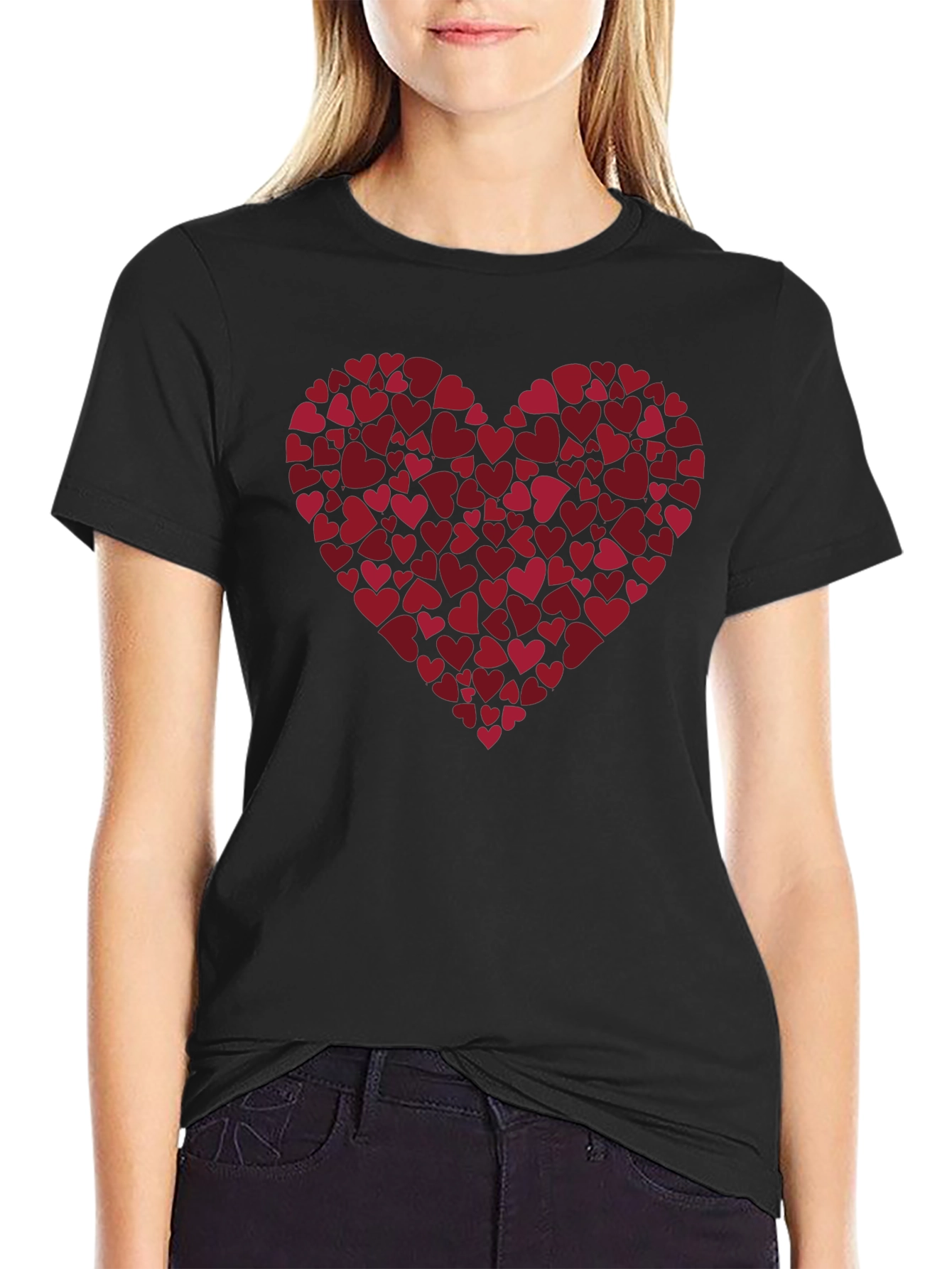 Heart Print Black Casual Tee