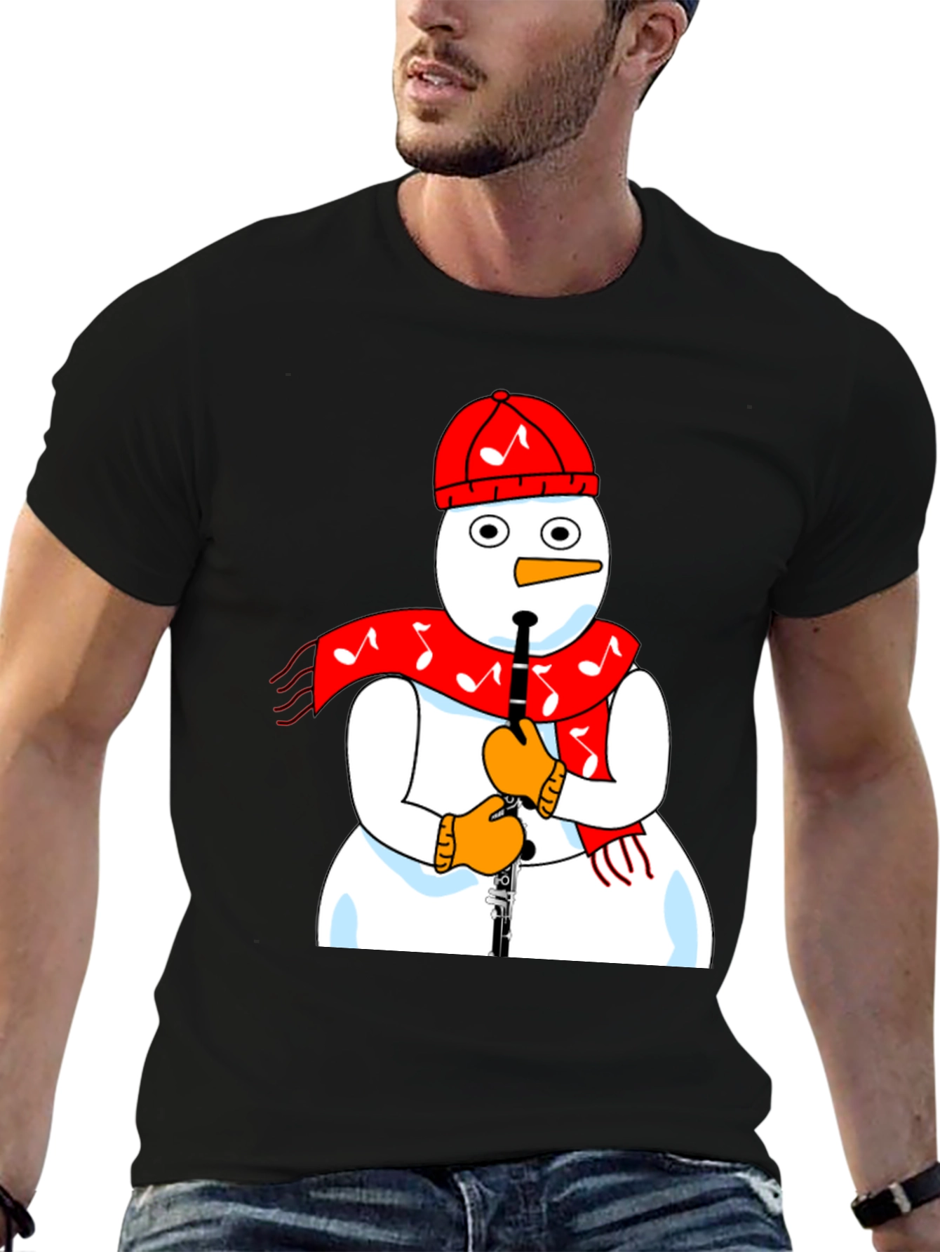 Snowman Clarinet Player Black T-Shirt