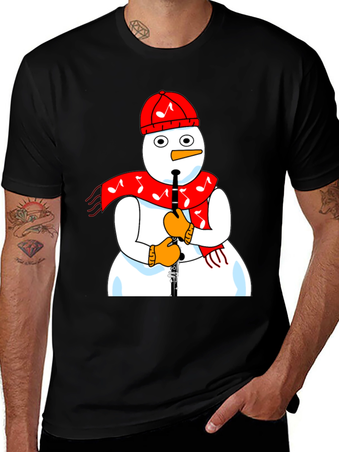 Snowman Clarinet Player Black T-Shirt