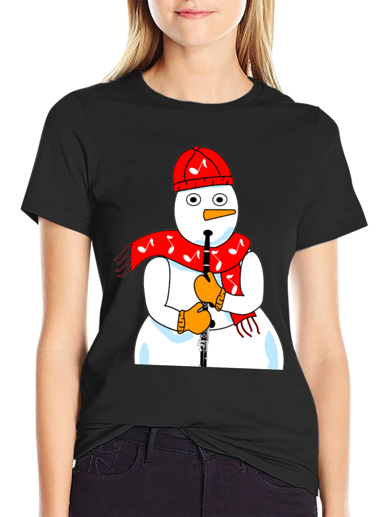 Snowman Clarinet Player Black T-Shirt