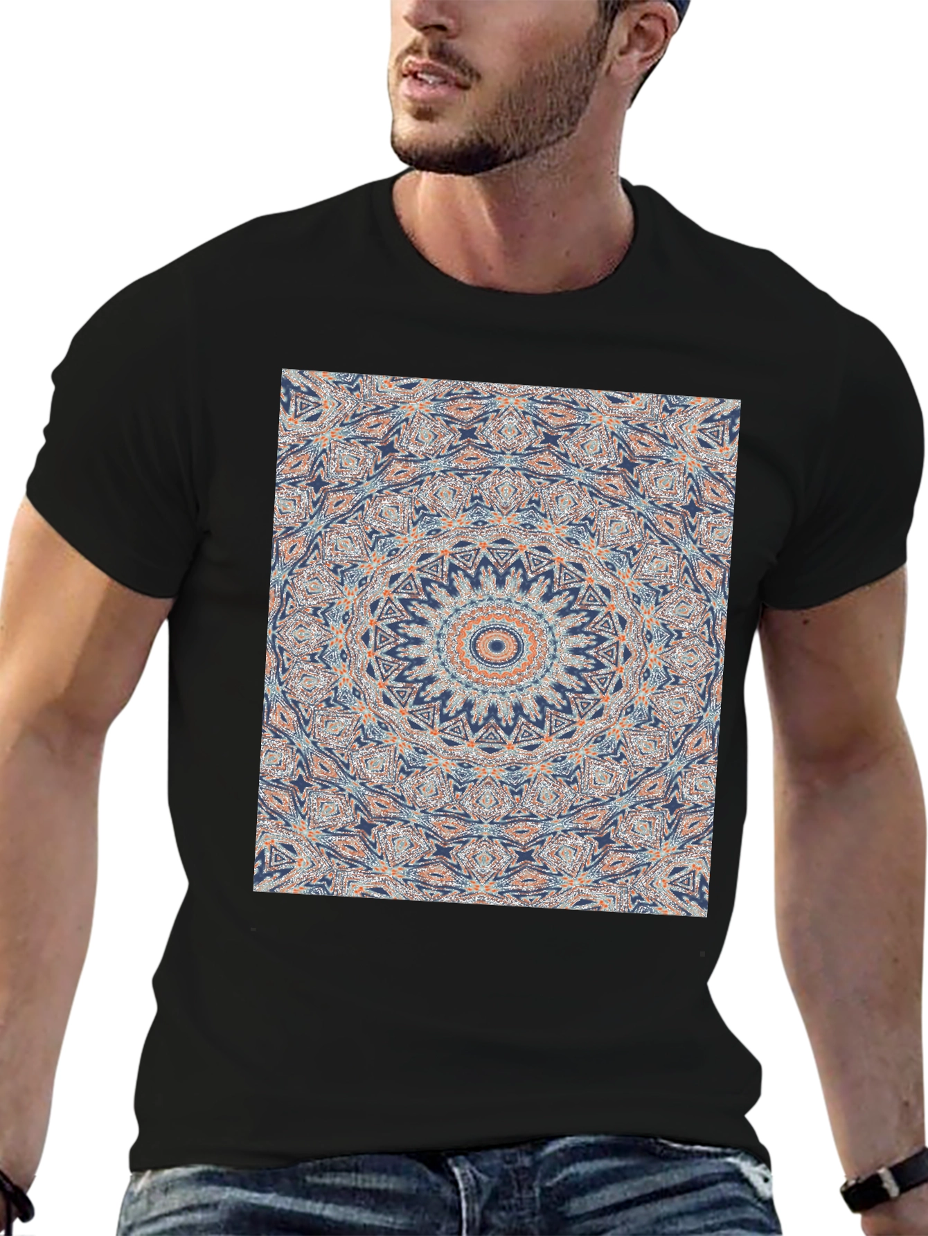 Mandala Print Black Crew Neck T-Shirt