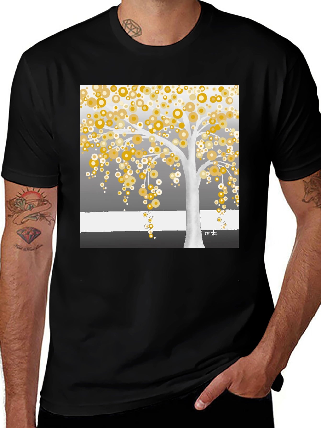 Golden Circle Tree Graphic Tee - Modern Art Shirt
