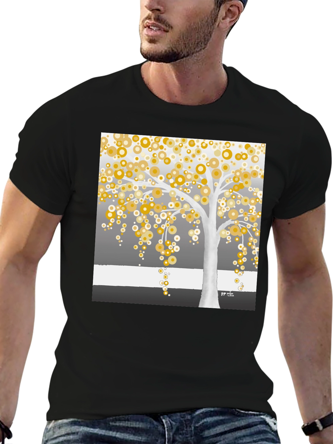Golden Circle Tree Graphic Tee - Modern Art Shirt
