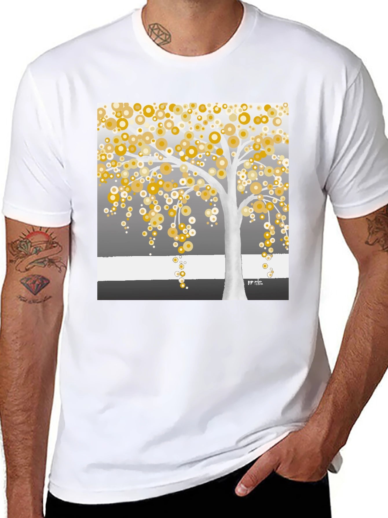 Golden Circle Tree Graphic Tee - Modern Art Shirt