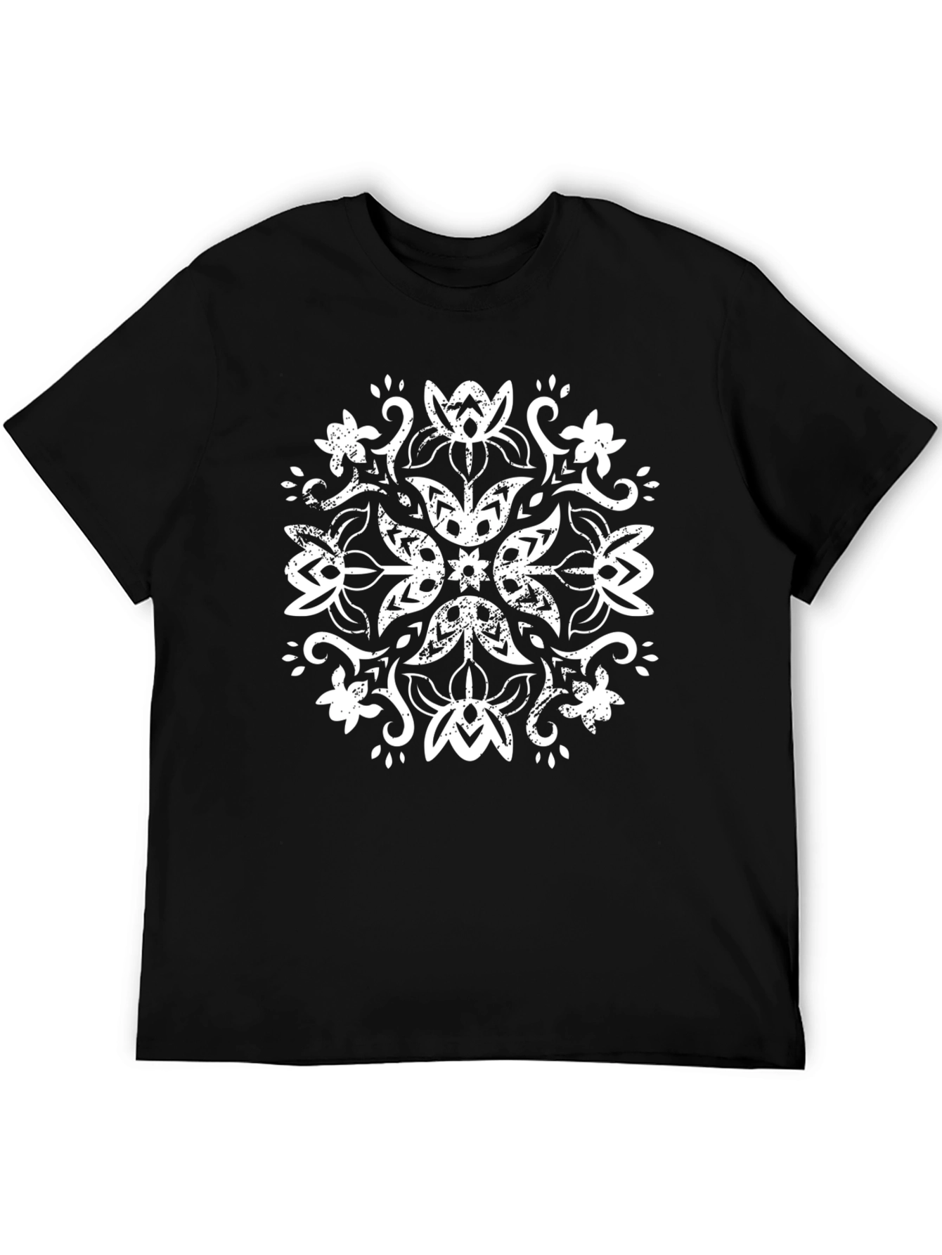 Black Tee with Distressed Floral Mandala Design