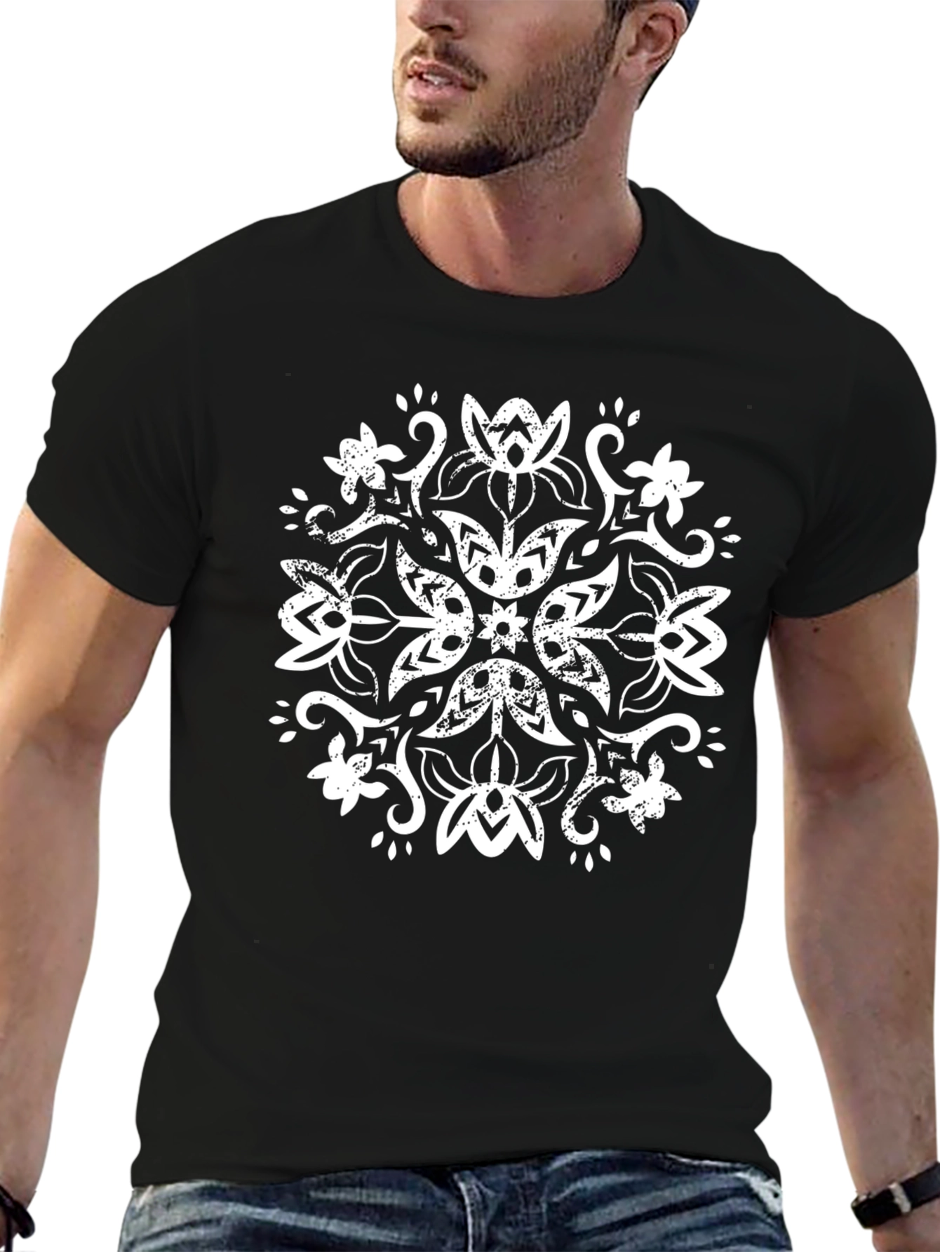 Black Tee with Distressed Floral Mandala Design