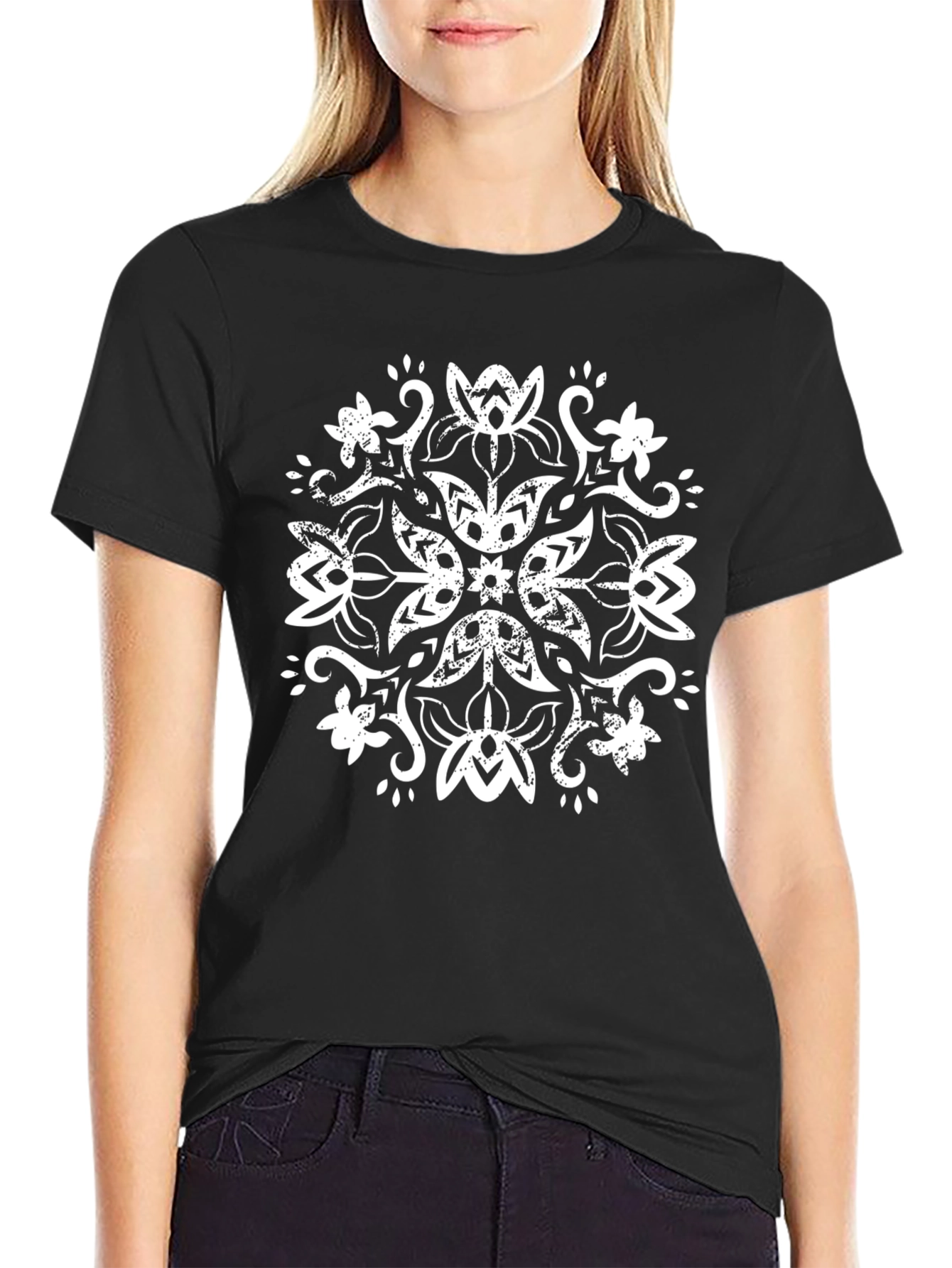 Black Tee with Distressed Floral Mandala Design