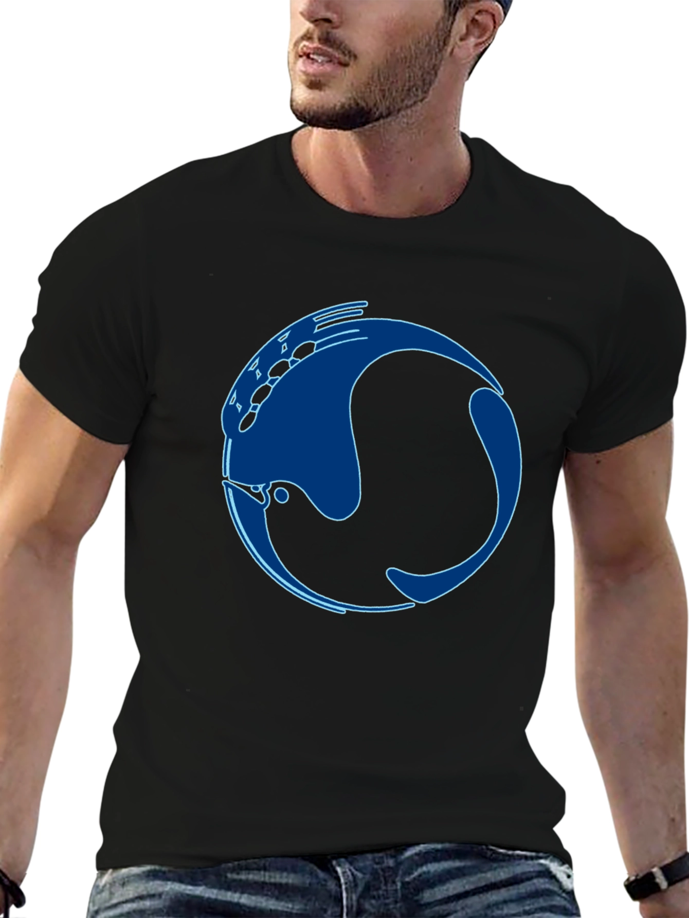 Stylish Black T-Shirt with Abstract Blue Fish Design