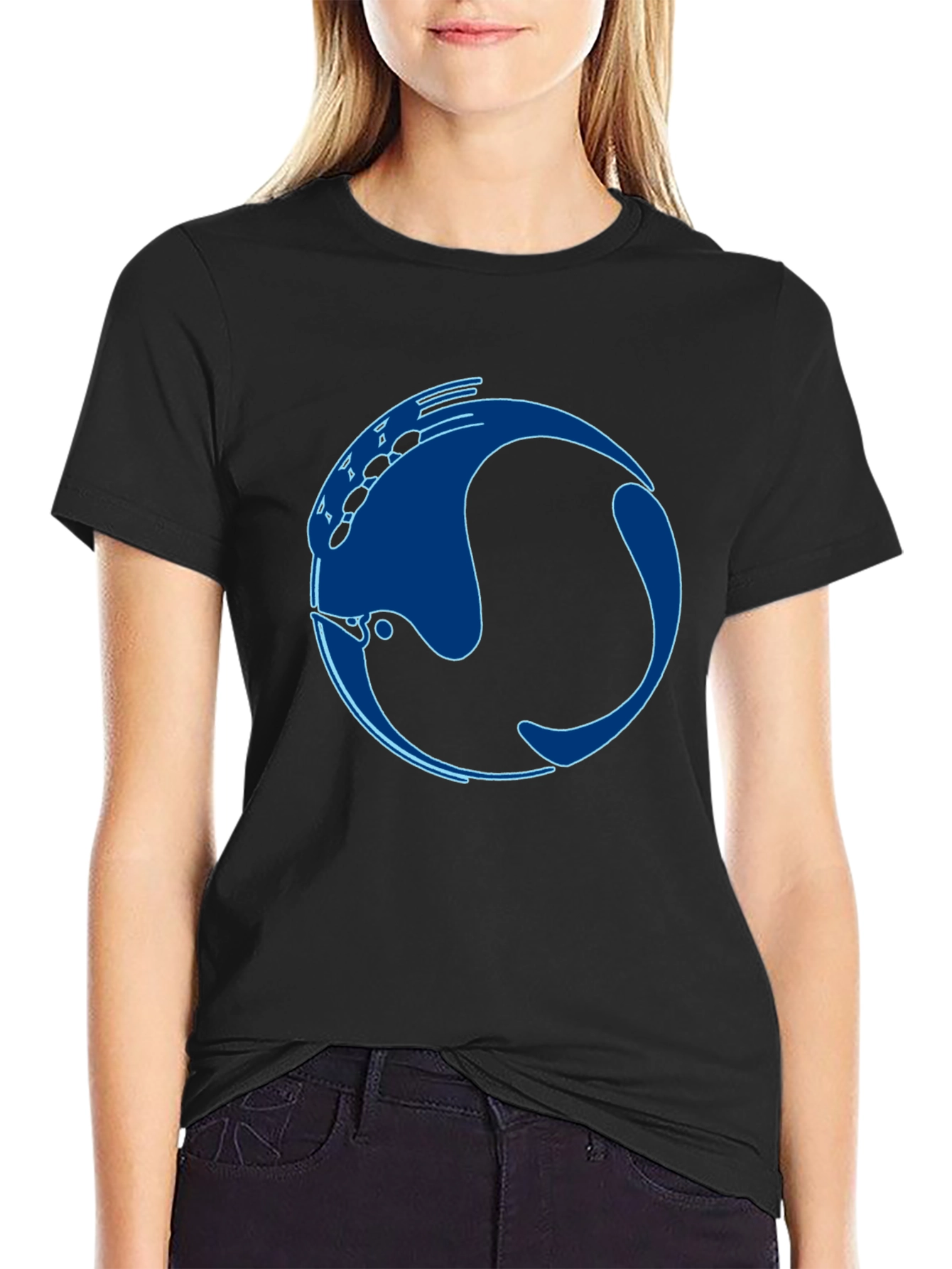 Stylish Black T-Shirt with Abstract Blue Fish Design