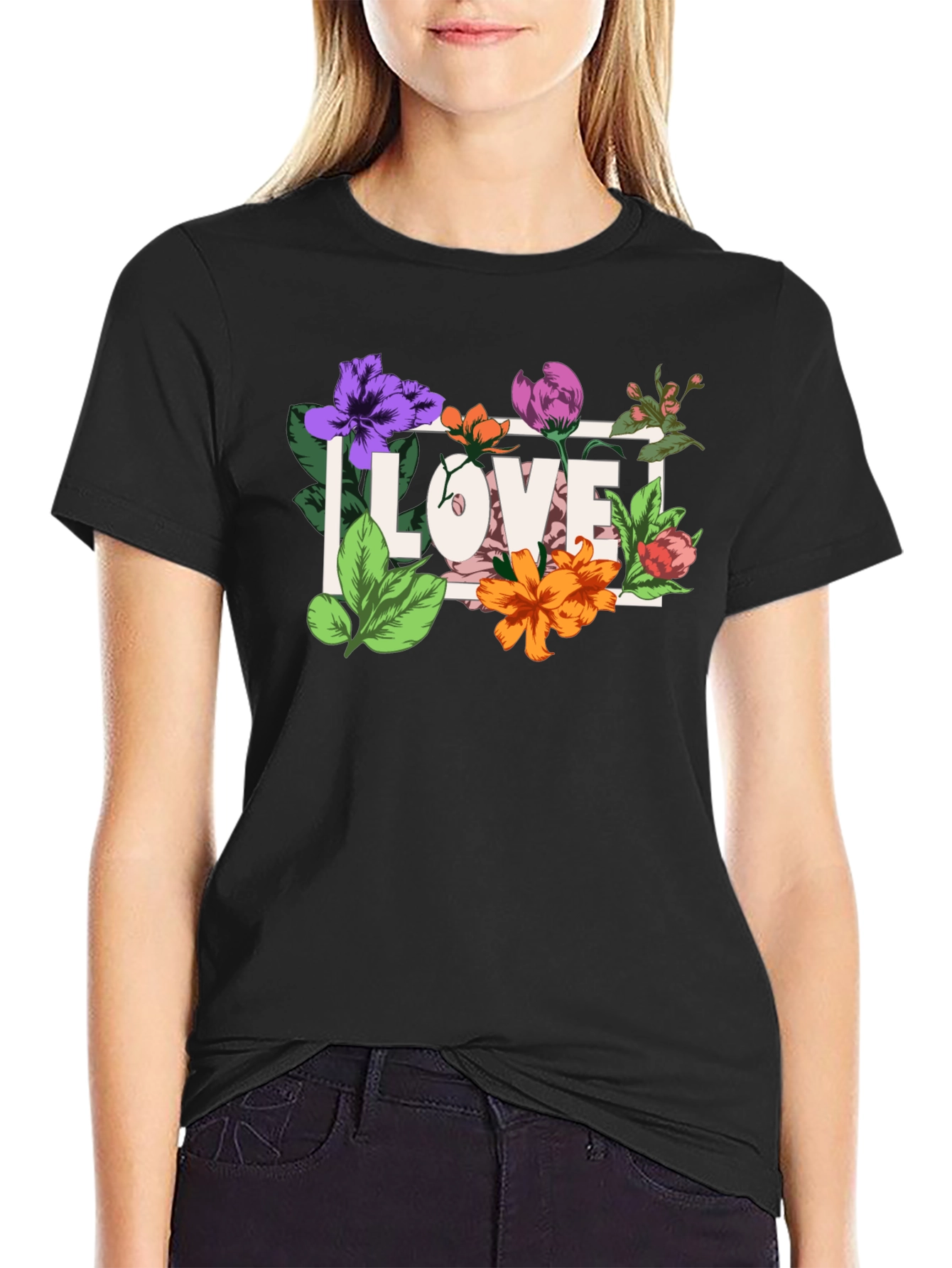 Floral Love Graphic Black T-Shirt