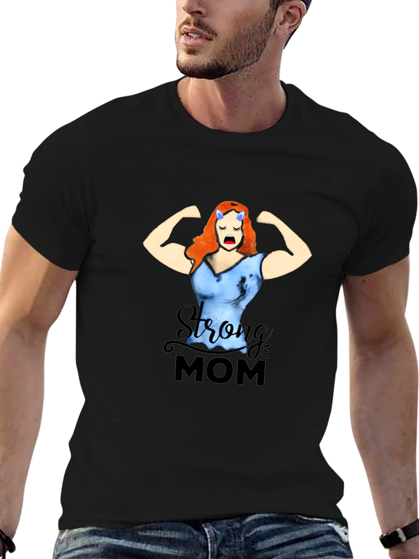 Strong Mom Graphic Tee - Black Cotton Blend T-Shirt