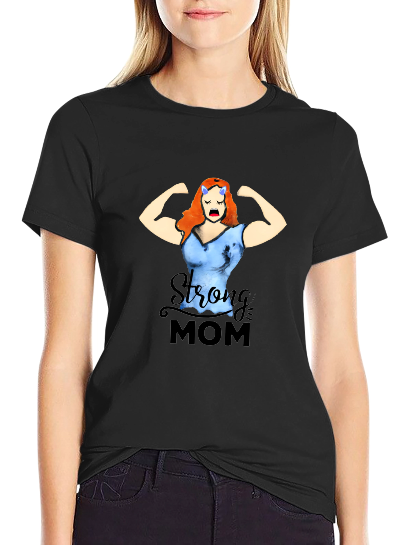 Strong Mom Graphic Tee - Black Cotton Blend T-Shirt