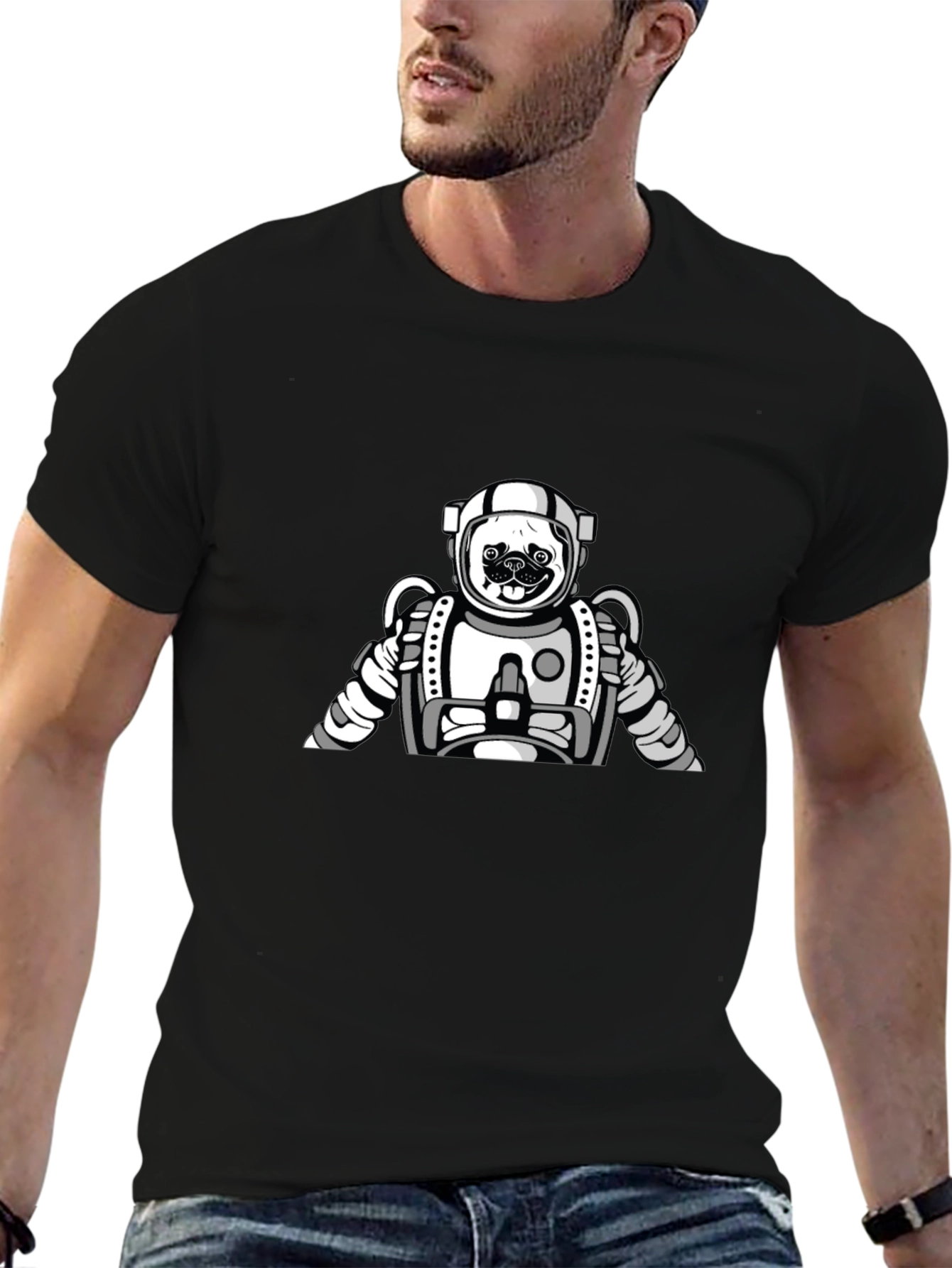 Pug Astronaut Graphic Tee - Black Cotton T-Shirt