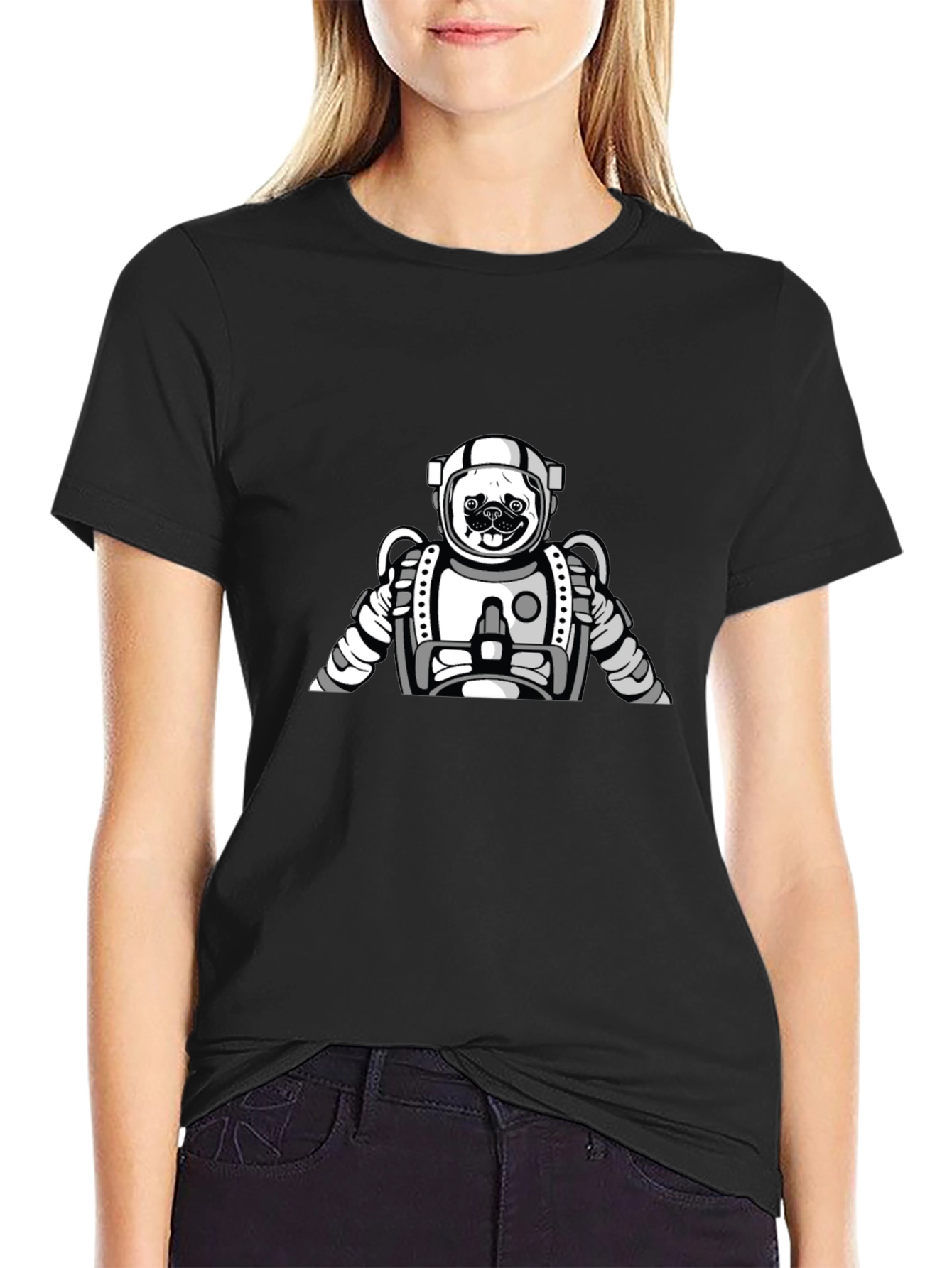 Pug Astronaut Graphic Tee - Black Cotton T-Shirt