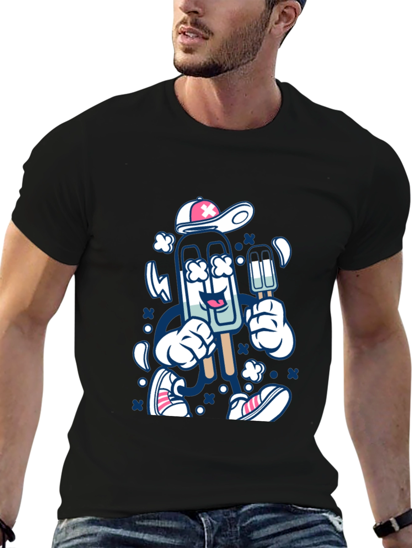 Ice Cream Cartoon Graphic Tee - Black