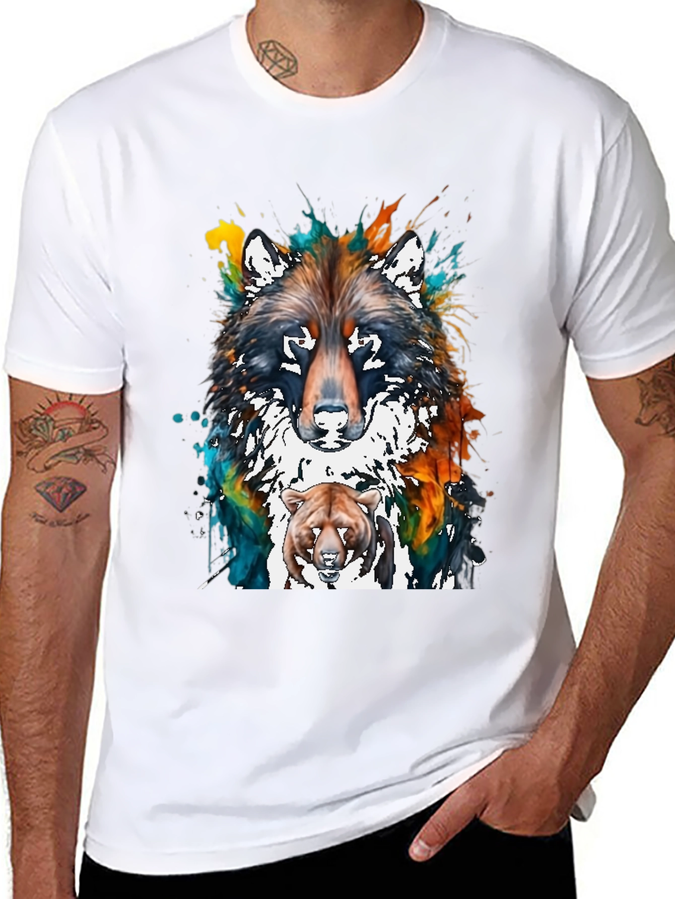 Wolf and Bear Graphic Print T-Shirt