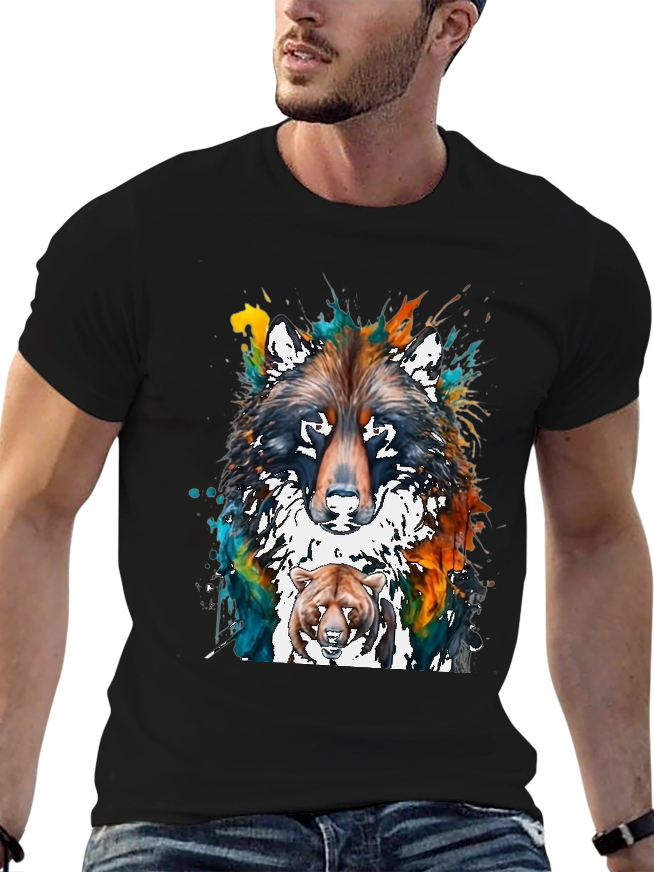 Wolf and Bear Graphic Print T-Shirt