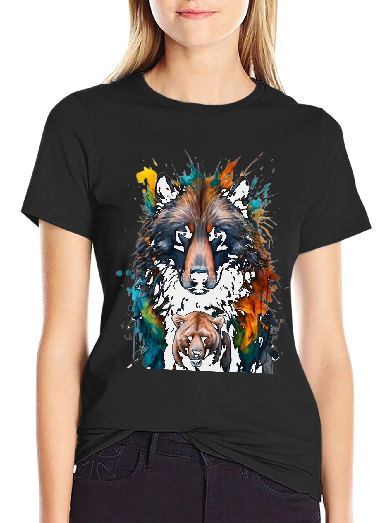 Wolf and Bear Graphic Print T-Shirt