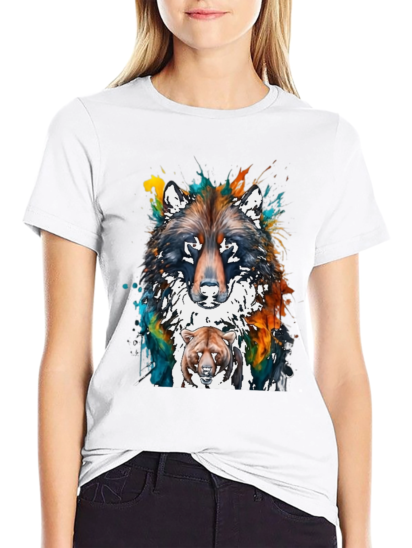 Wolf and Bear Graphic Print T-Shirt