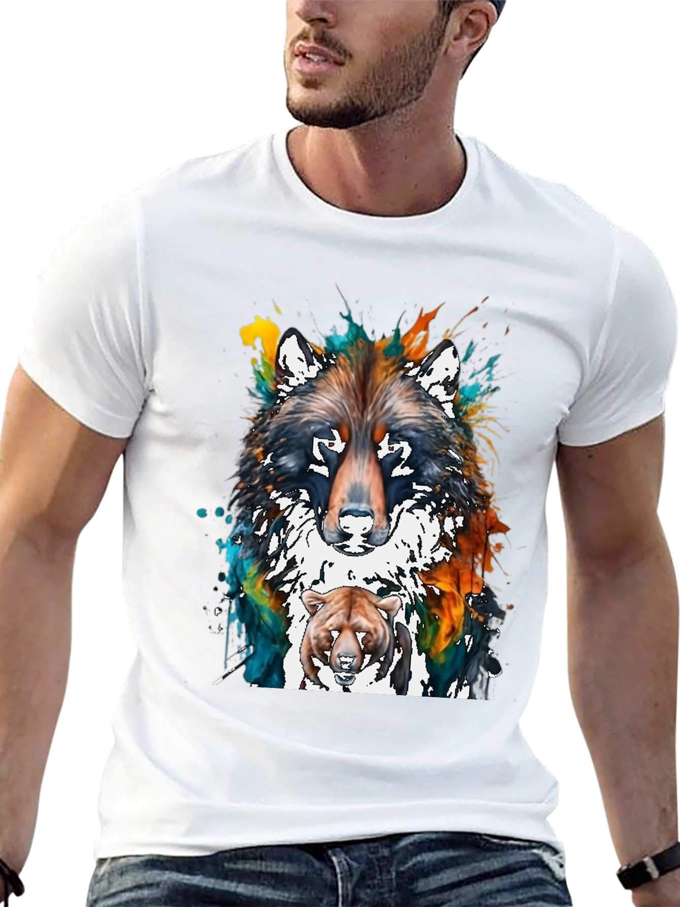 Wolf and Bear Graphic Print T-Shirt