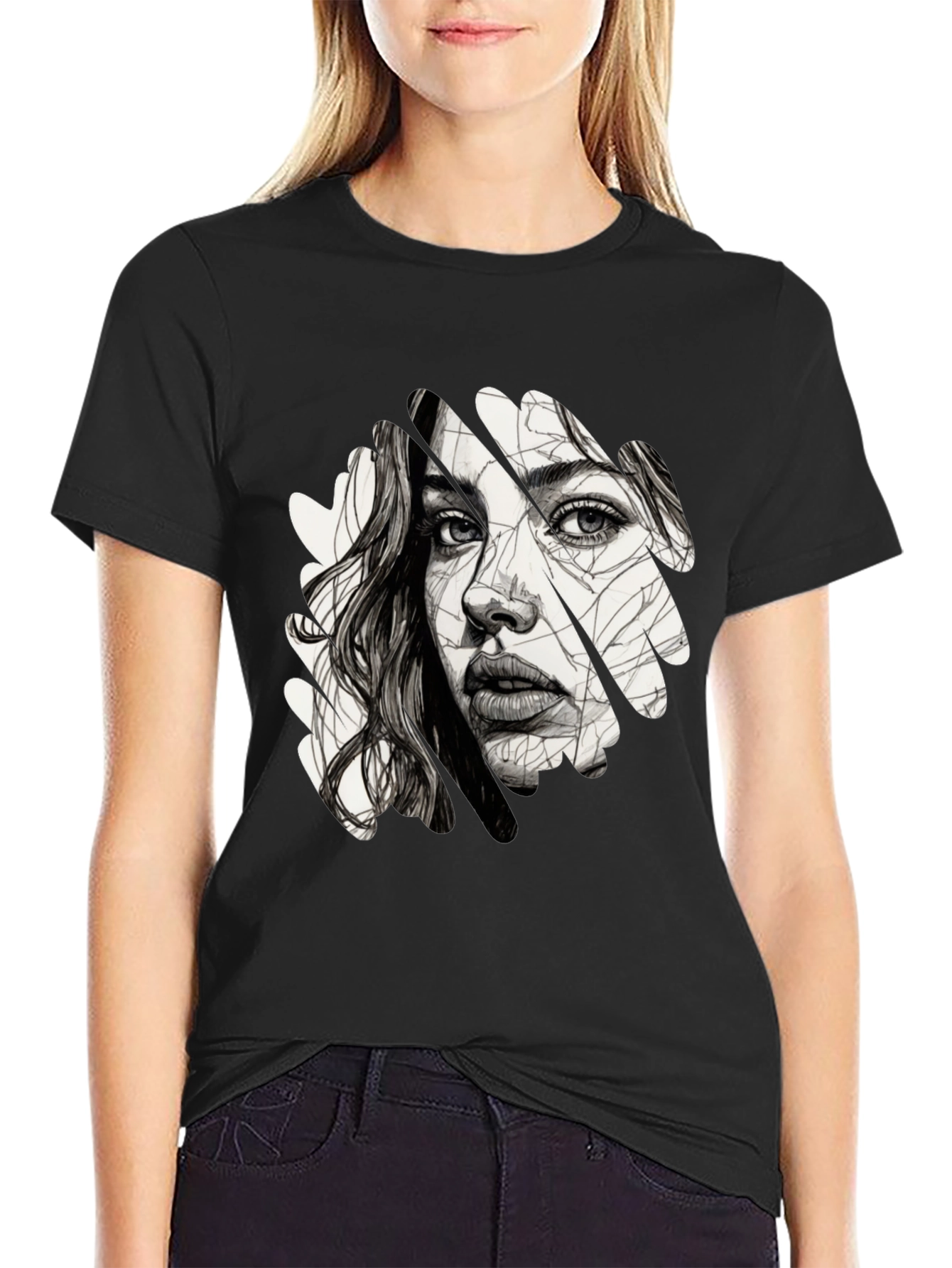 Abstract Woman Face Graphic Black T-Shirt