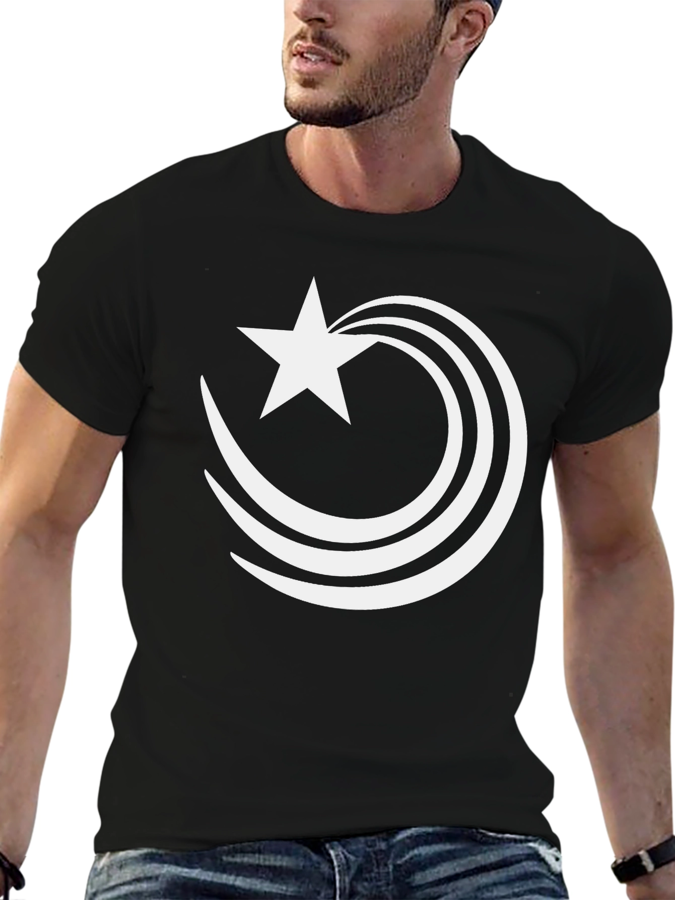 Stylish Black T-Shirt with Star and Swish Design