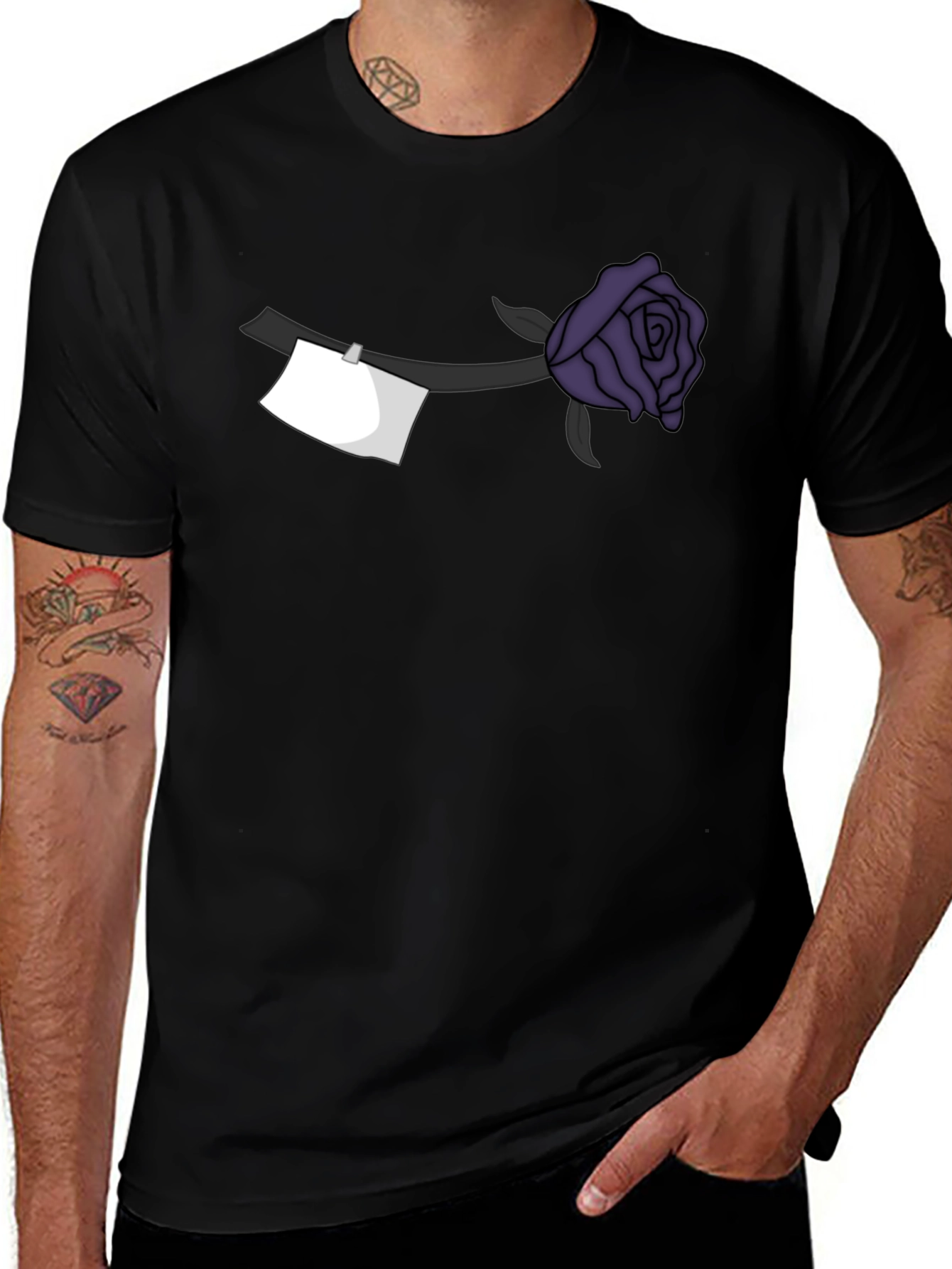 Black T-Shirt with Purple Rose and Note Design