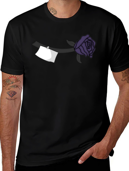 Black T-Shirt with Purple Rose and Note Design