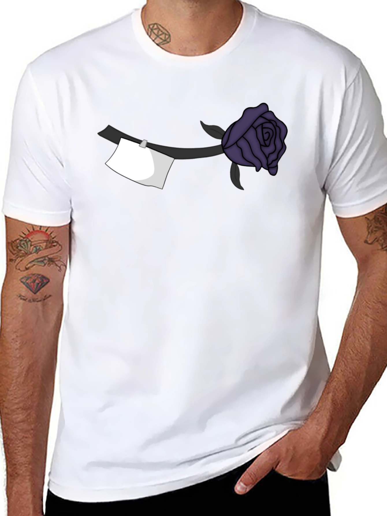 Black T-Shirt with Purple Rose and Note Design