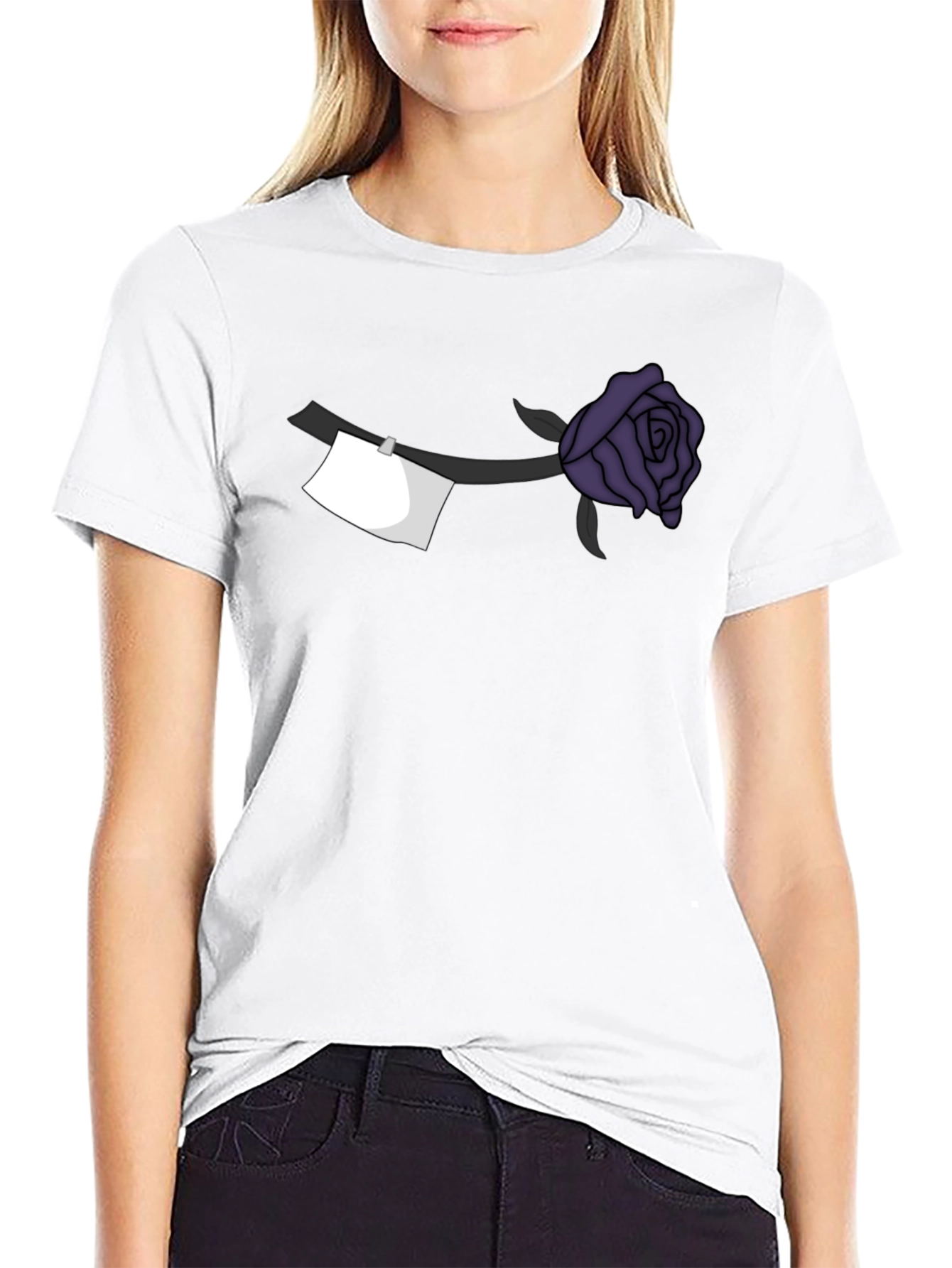 Black T-Shirt with Purple Rose and Note Design