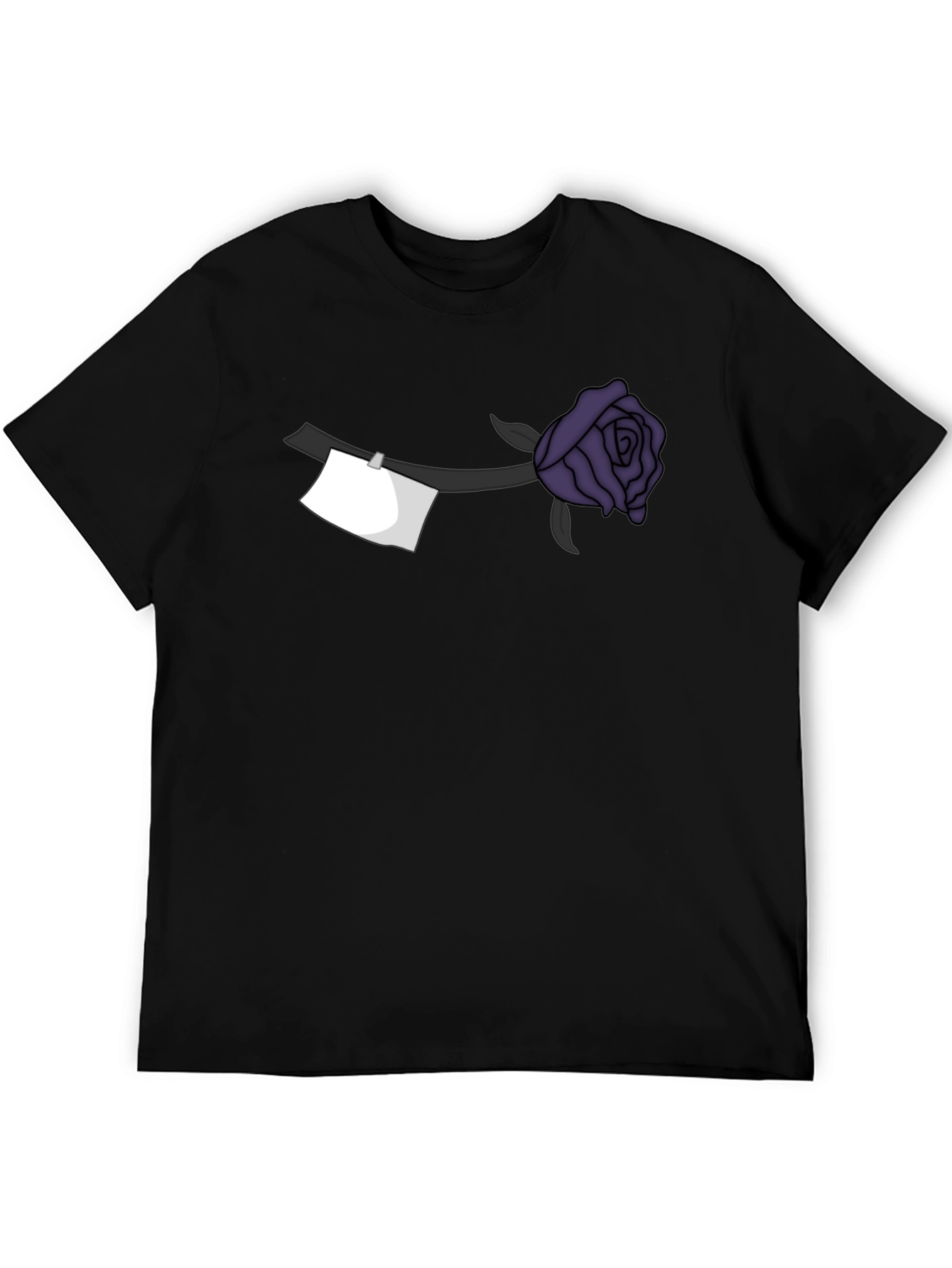 Black T-Shirt with Purple Rose and Note Design