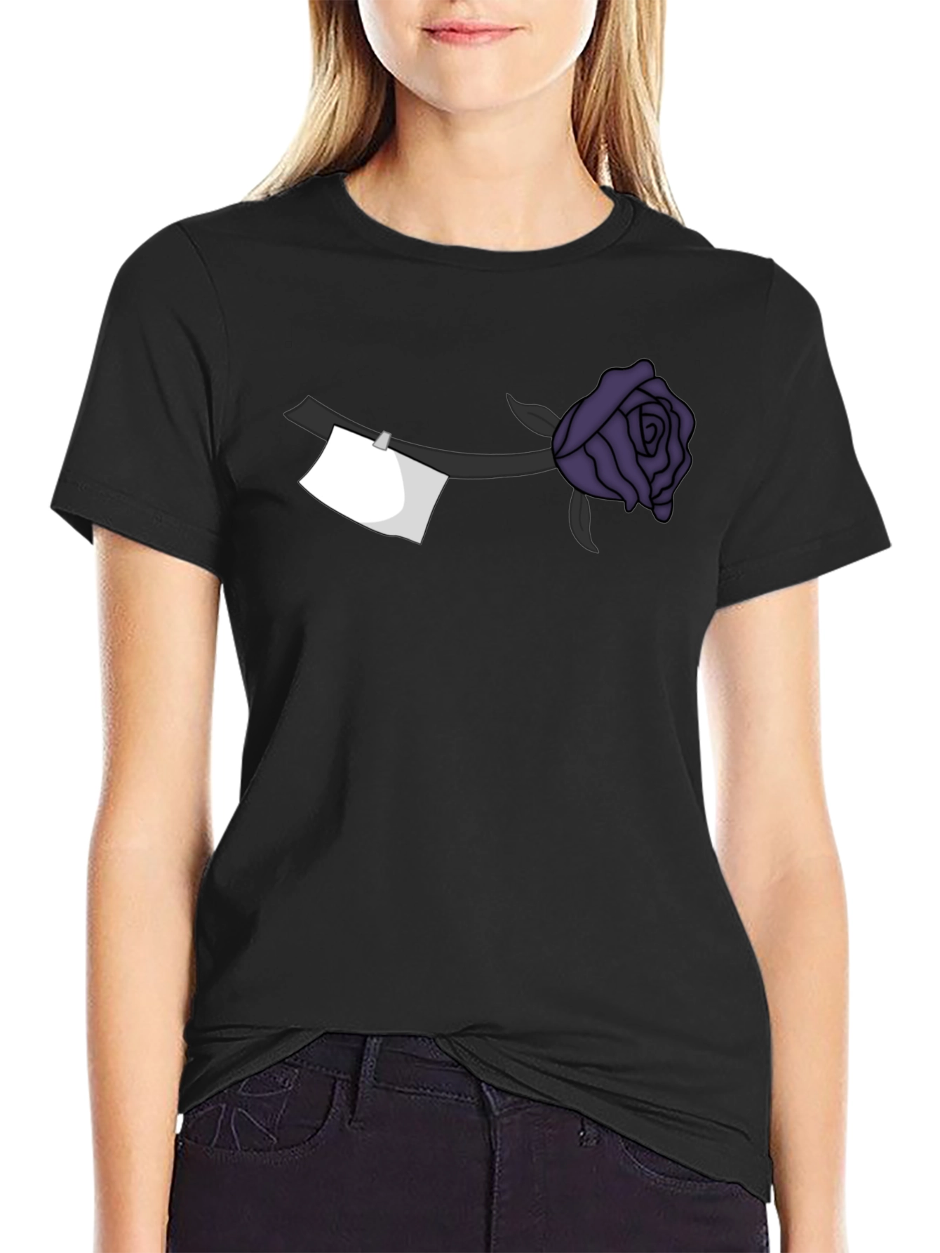 Black T-Shirt with Purple Rose and Note Design