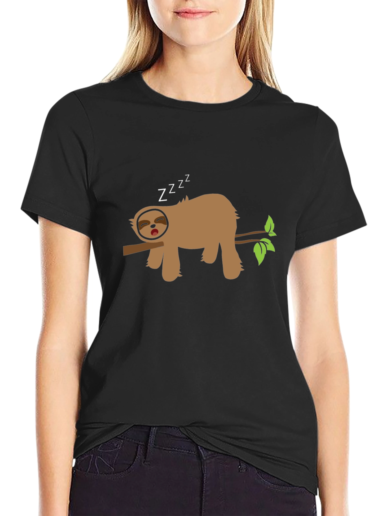Sleeping Sloth on Branch Black T-Shirt