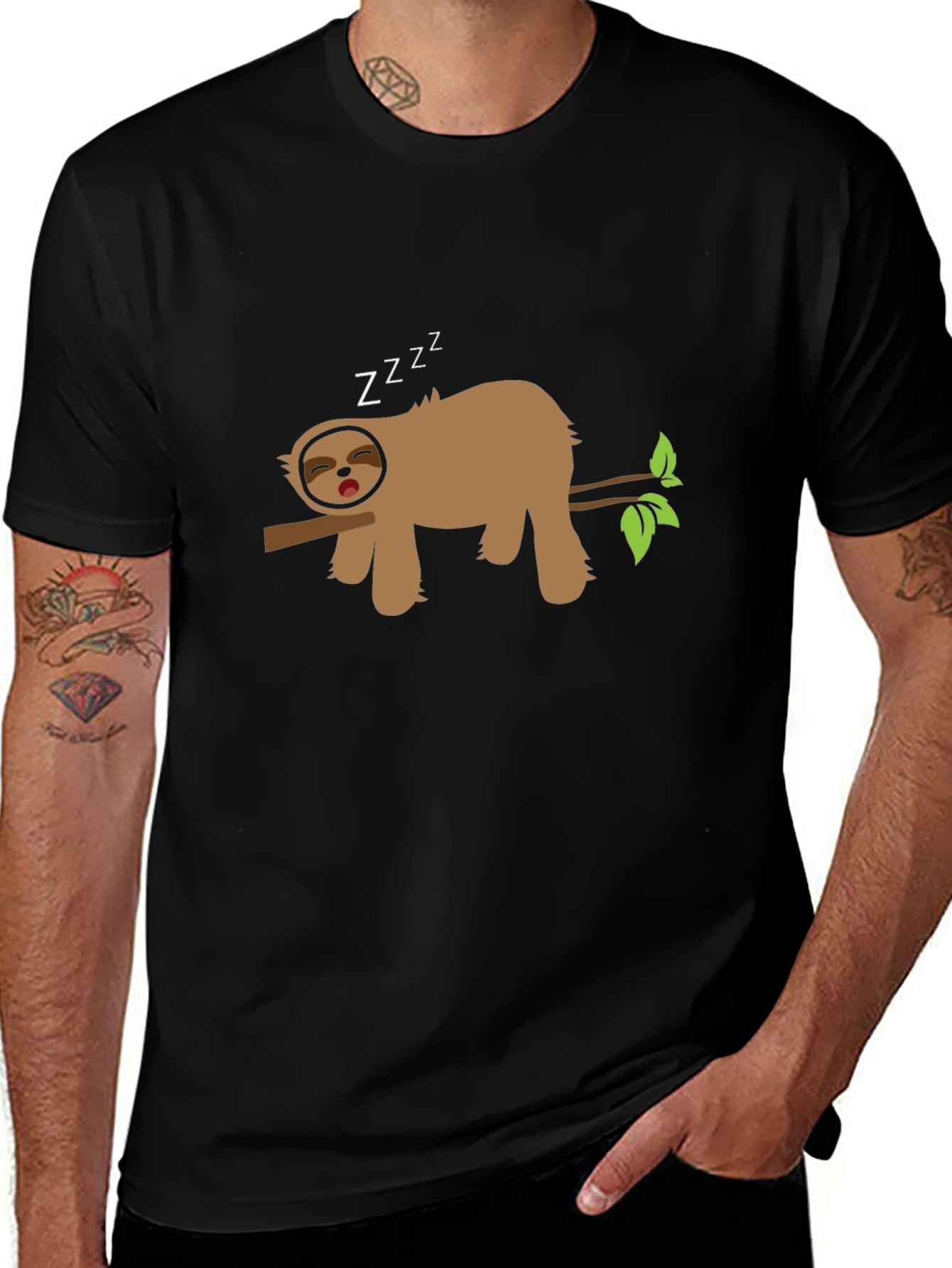 Sleeping Sloth on Branch Black T-Shirt