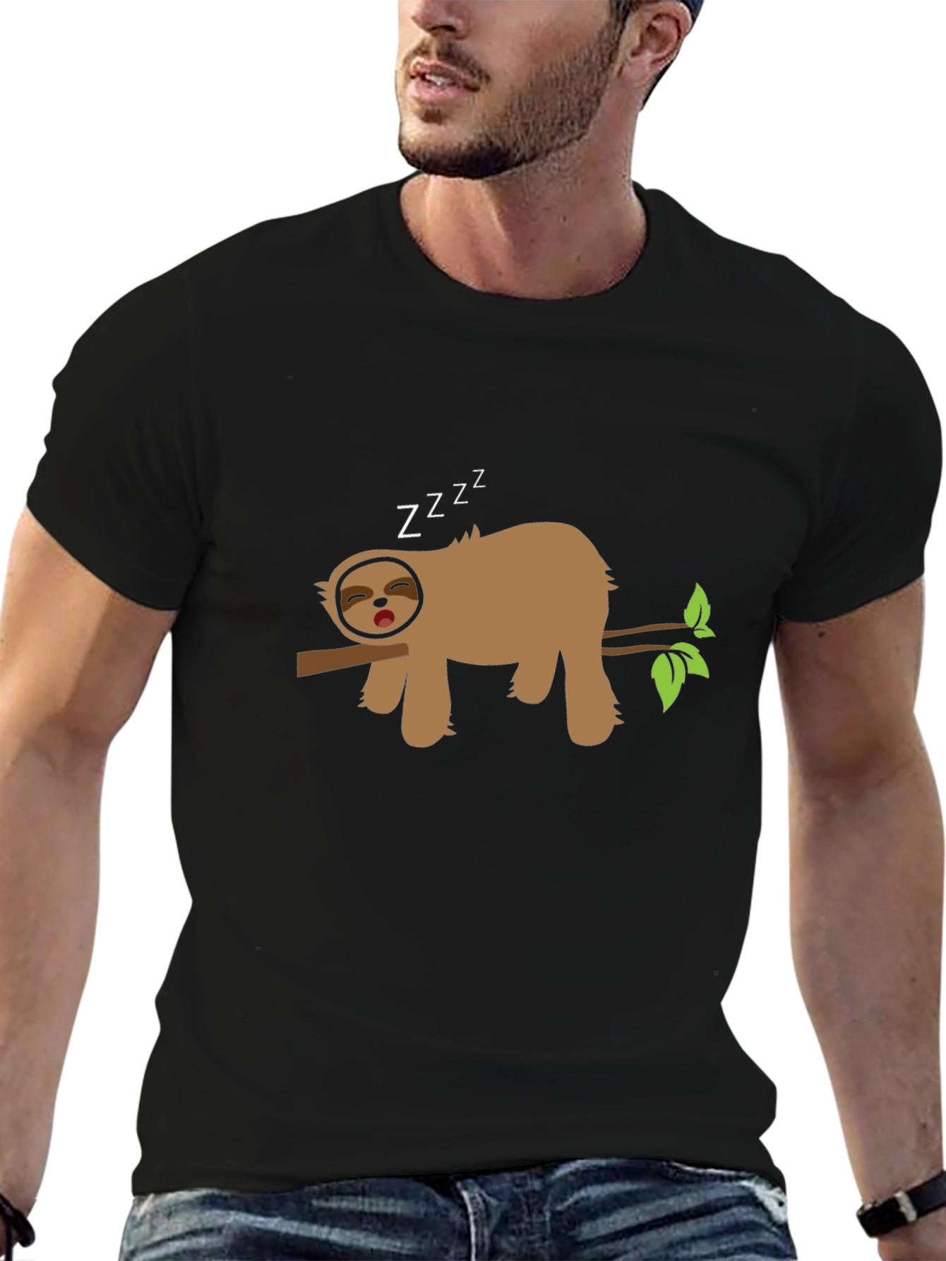 Sleeping Sloth on Branch Black T-Shirt