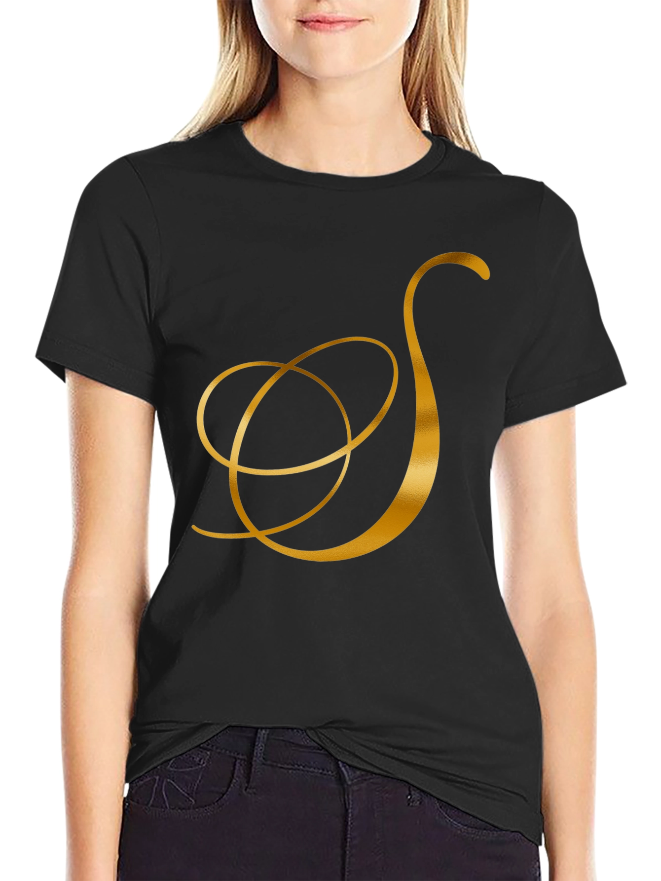 Elegant Black T-Shirt with Gold Letter S Design
