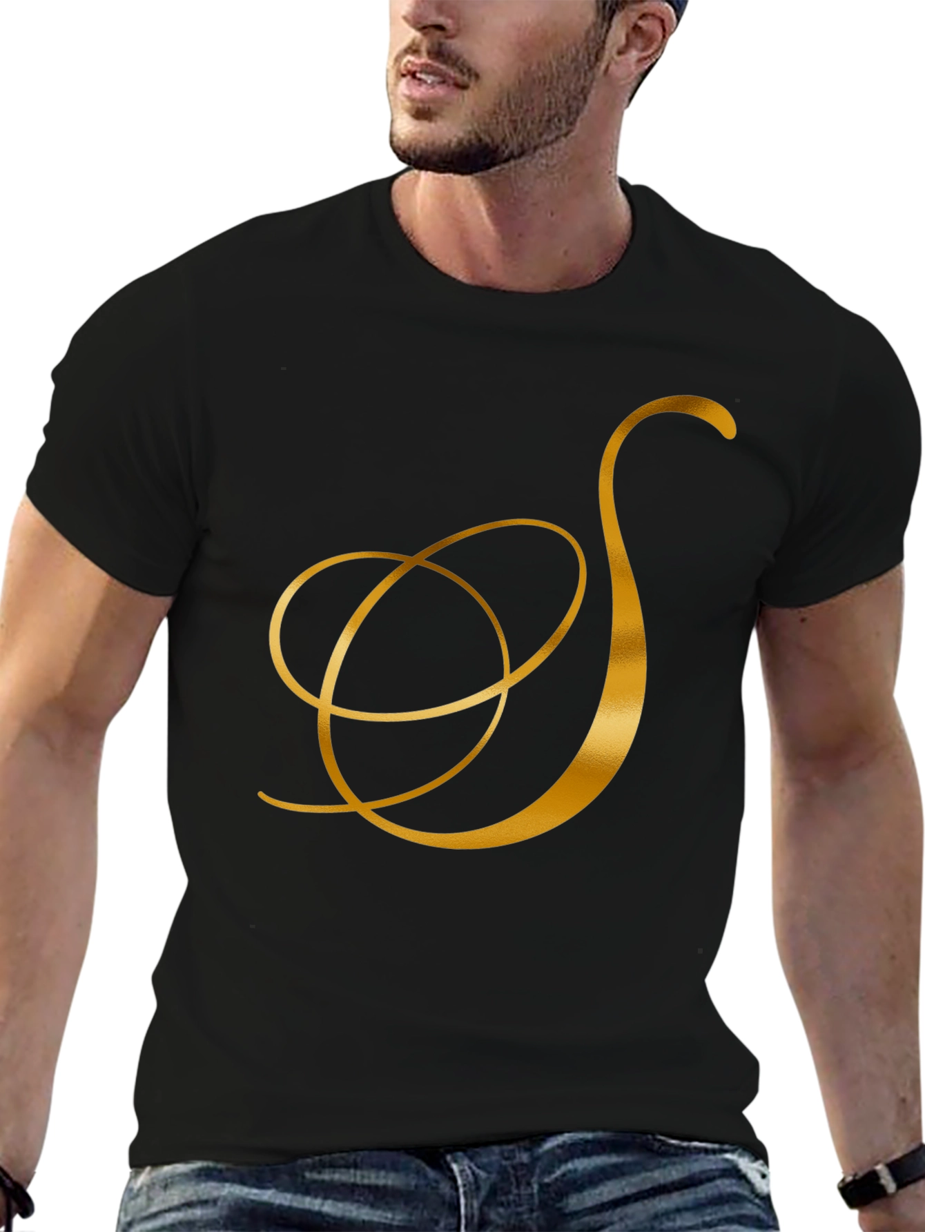 Elegant Black T-Shirt with Gold Letter S Design