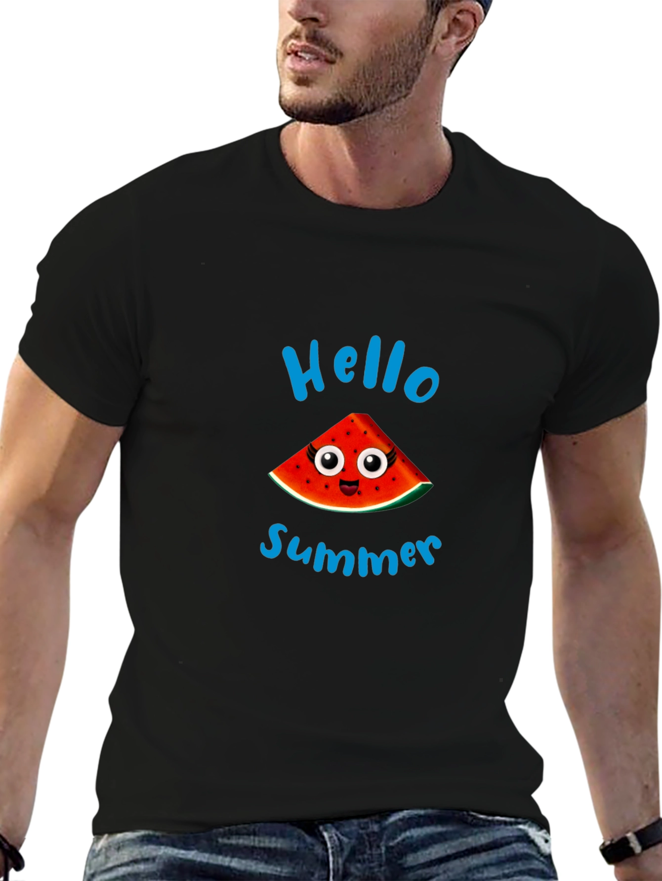 Hello Summer Watermelon Graphic Black T-Shirt