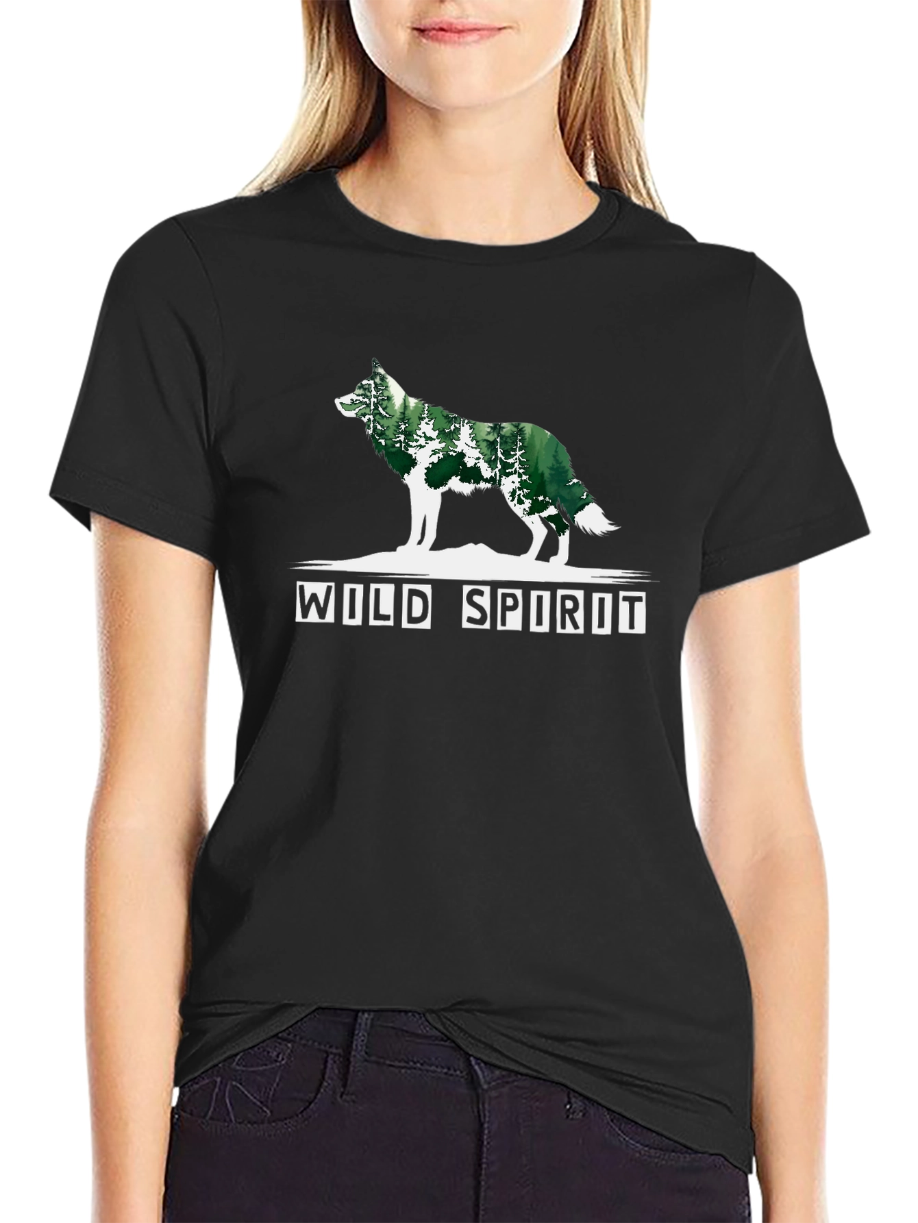 Wild Spirit Wolf Forest Graphic Tee - Black