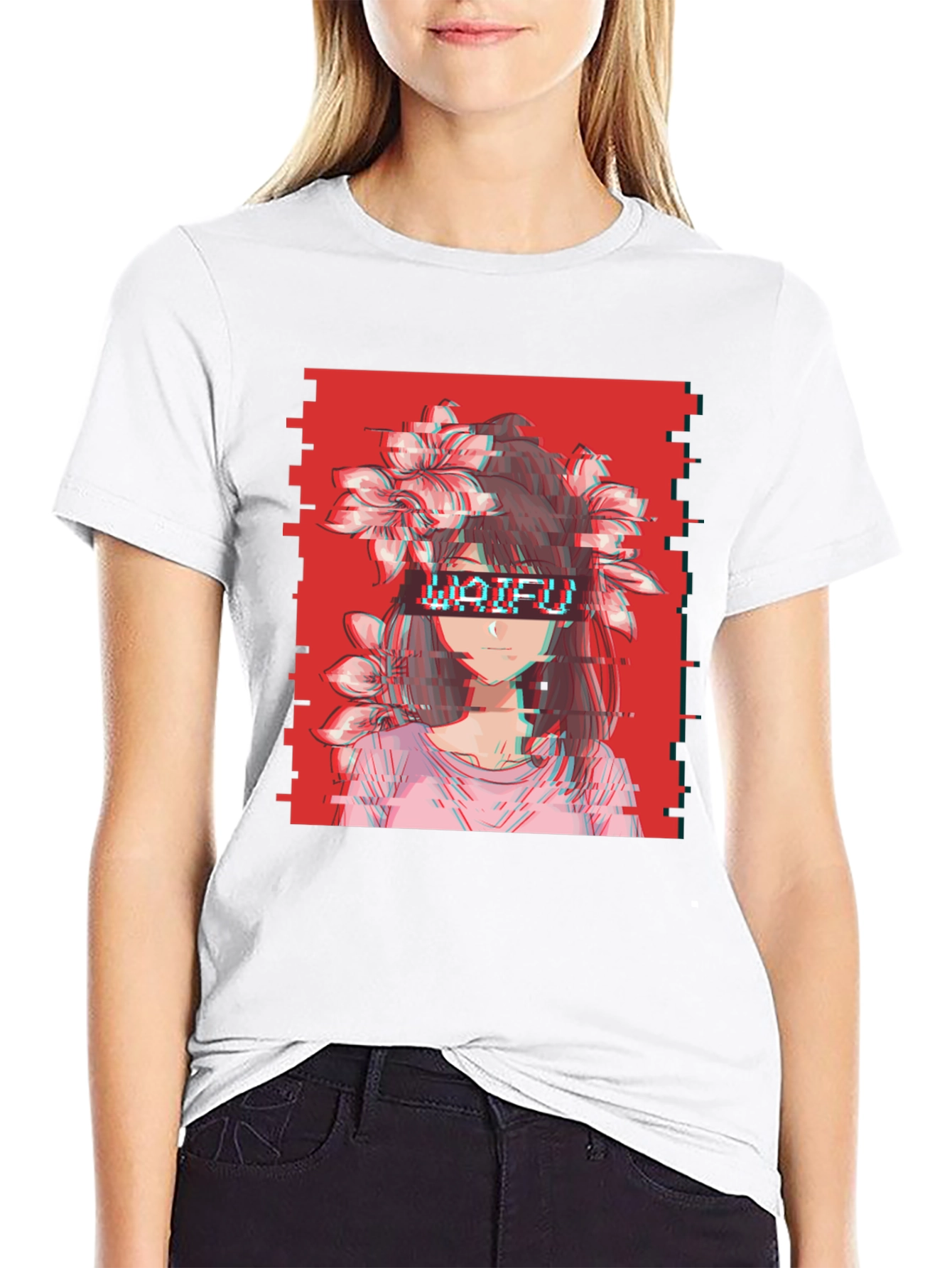 Waifu Glitch Aesthetic Graphic Tee - Anime Style