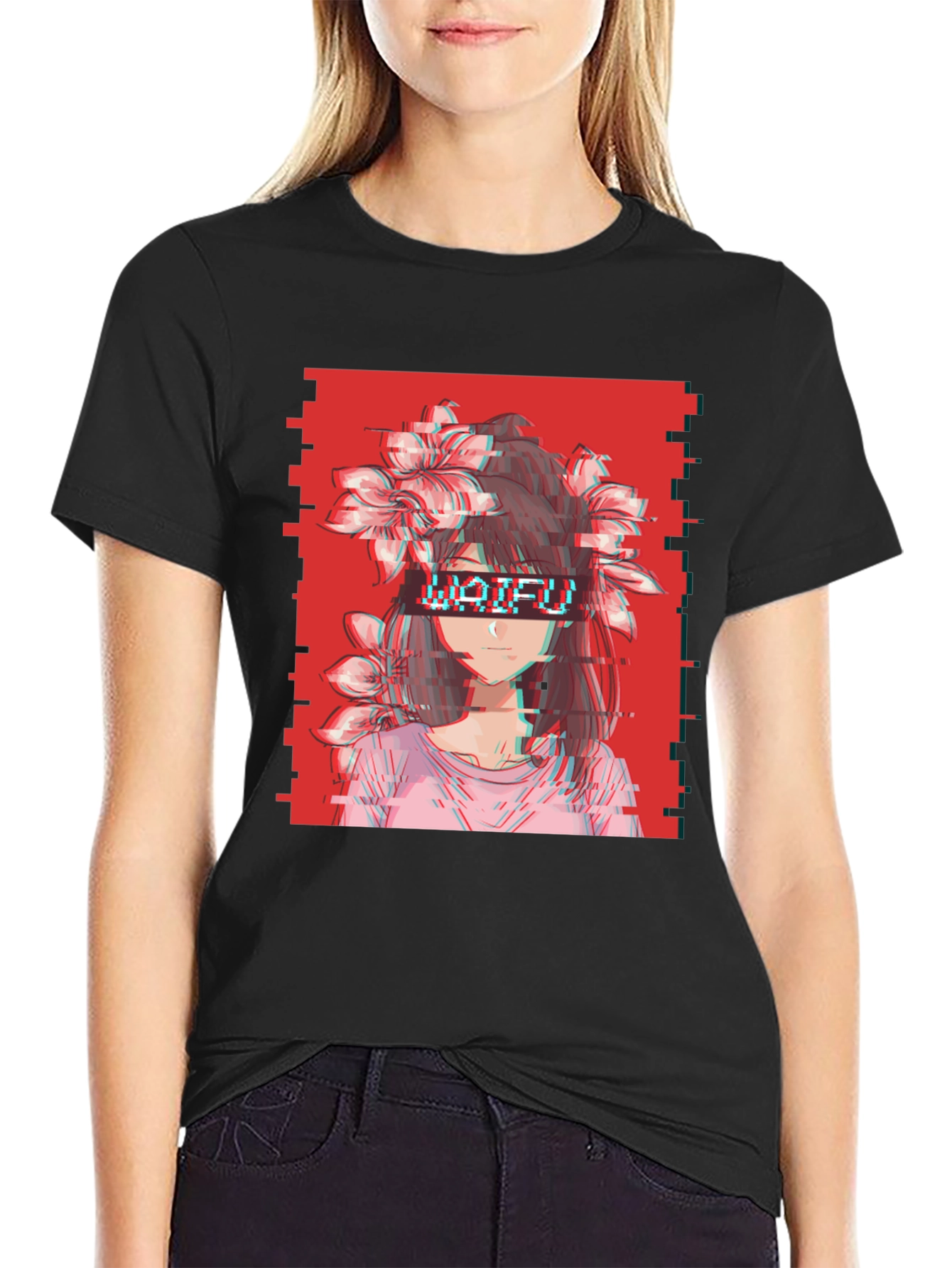 Waifu Glitch Aesthetic Graphic Tee - Anime Style