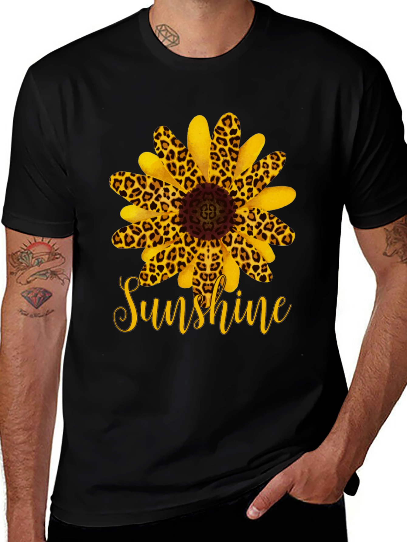 Leopard Sunflower Sunshine Black T-Shirt
