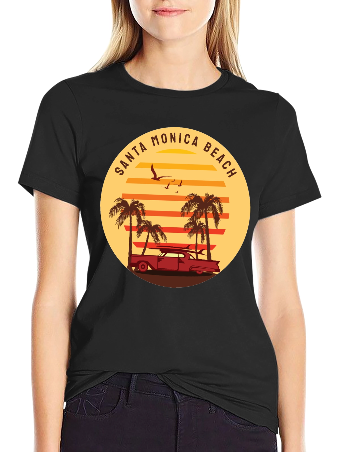Santa Monica Beach Retro Graphic Tee - Black