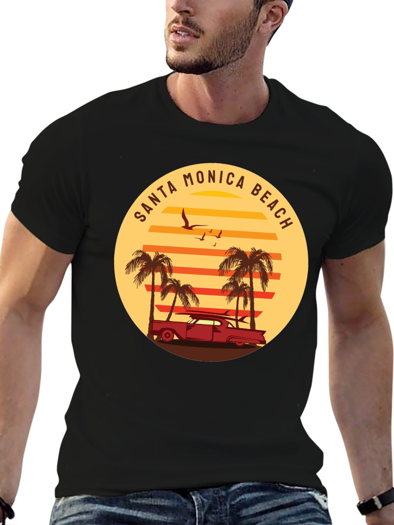 Santa Monica Beach Retro Graphic Tee - Black