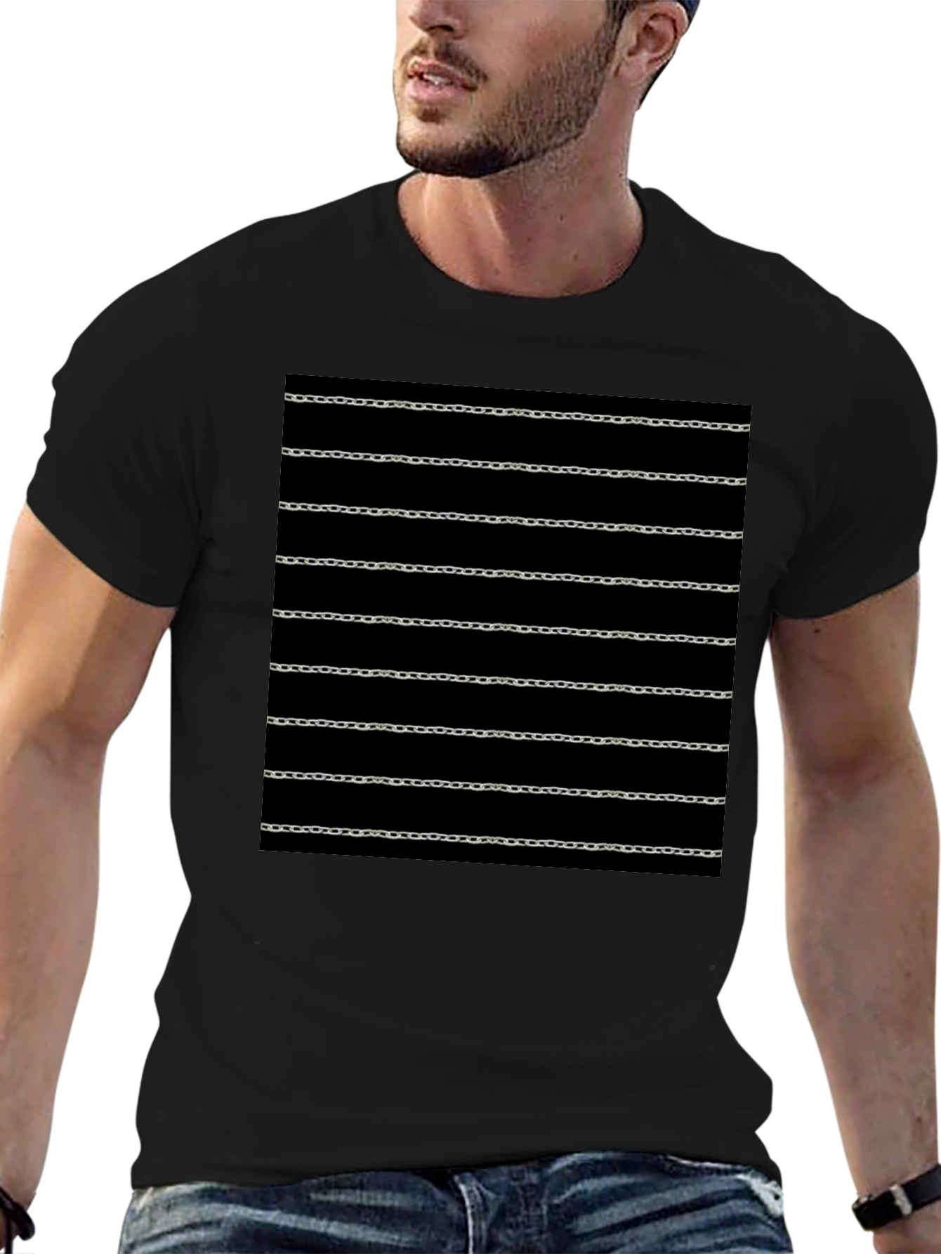 Chain Pattern Graphic Black T-Shirt