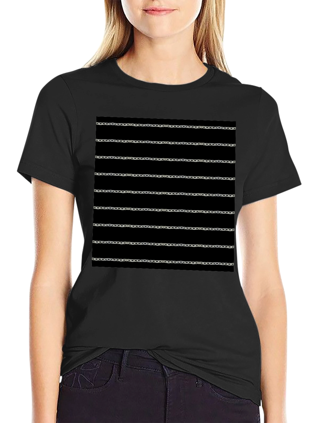 Chain Pattern Graphic Black T-Shirt
