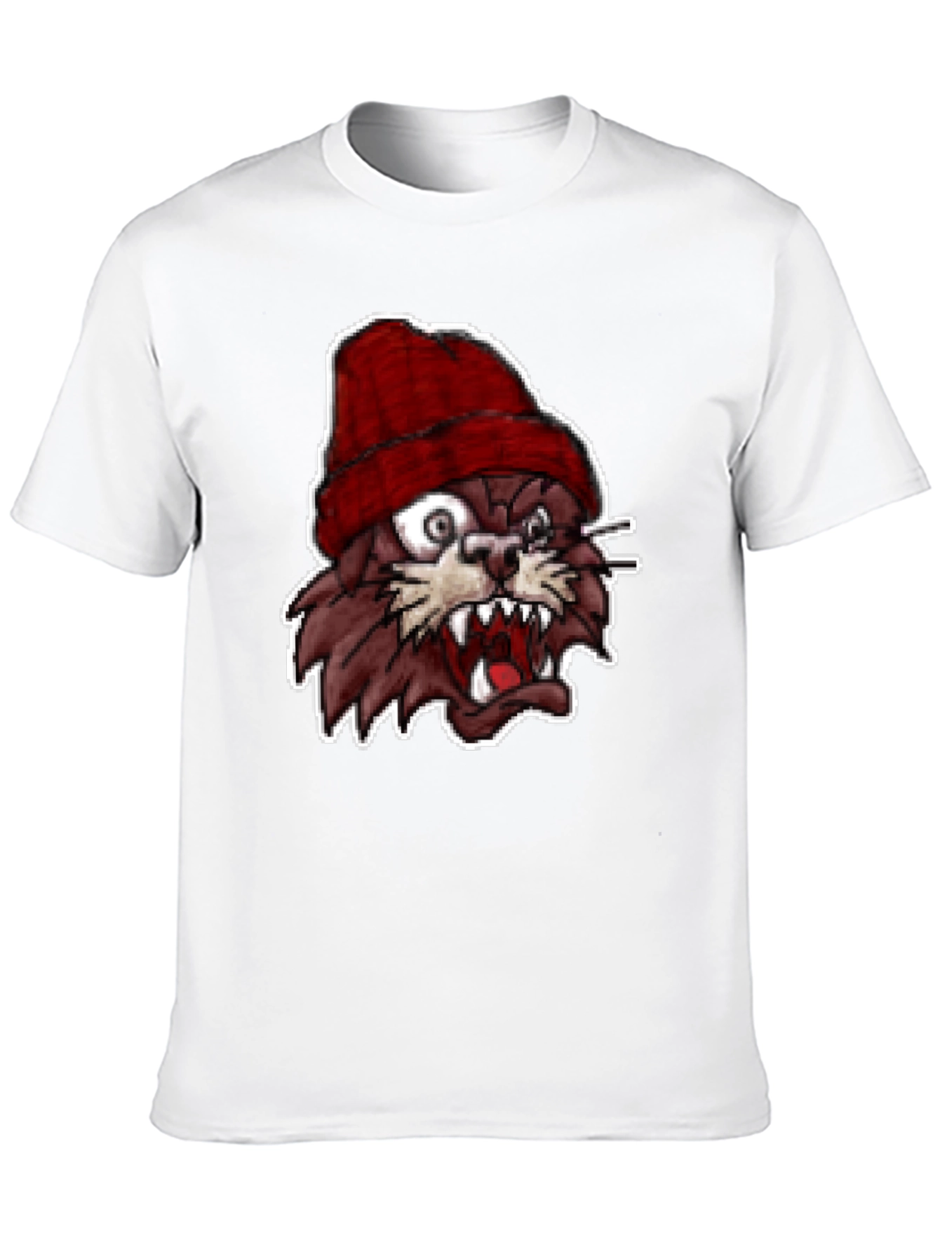 Mens Black T-Shirt with Crazy Cartoon Cat Graphic