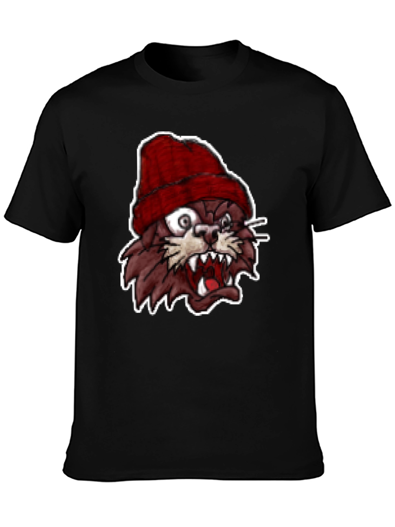 Mens Black T-Shirt with Crazy Cartoon Cat Graphic
