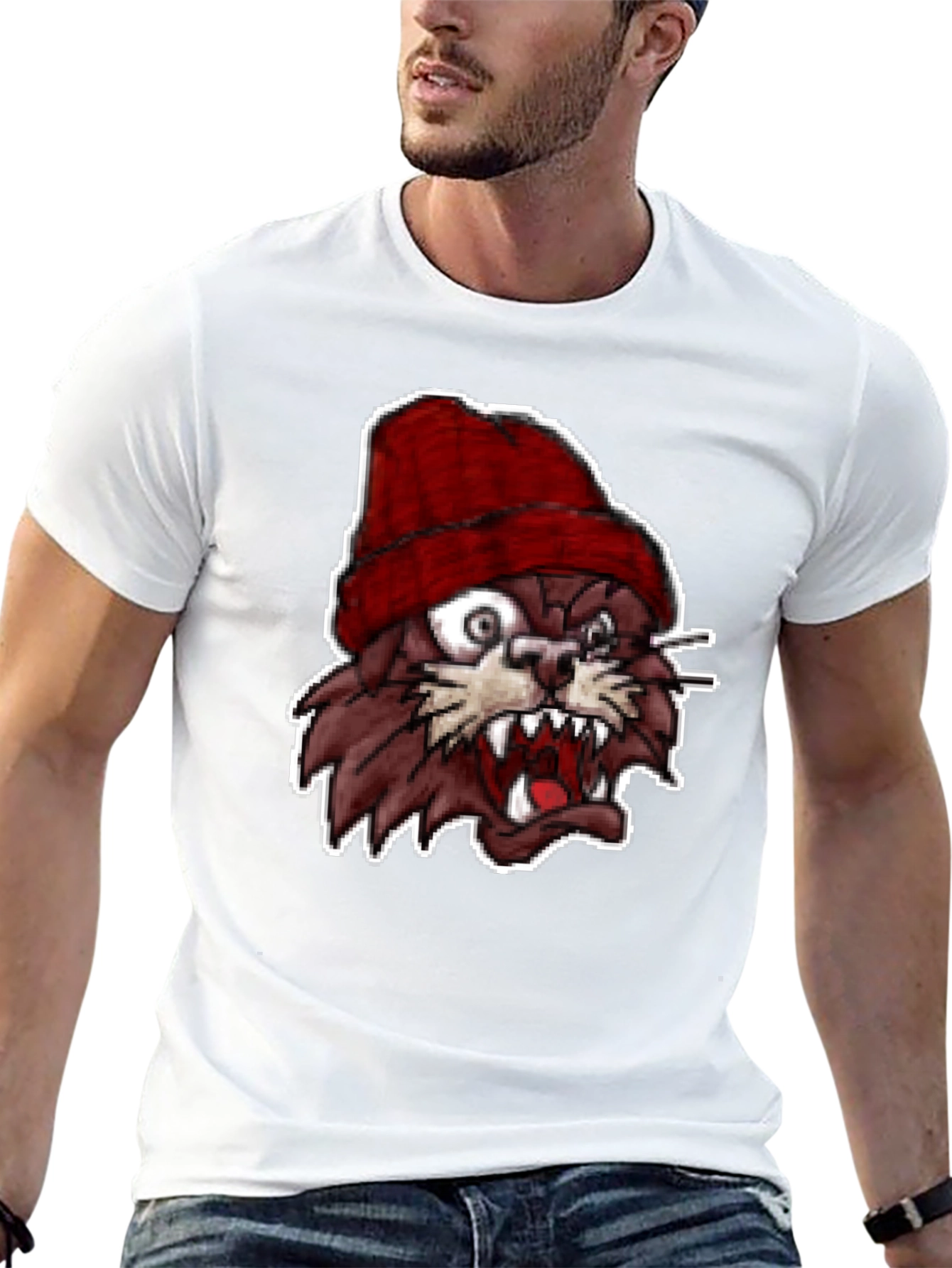 Mens Black T-Shirt with Crazy Cartoon Cat Graphic