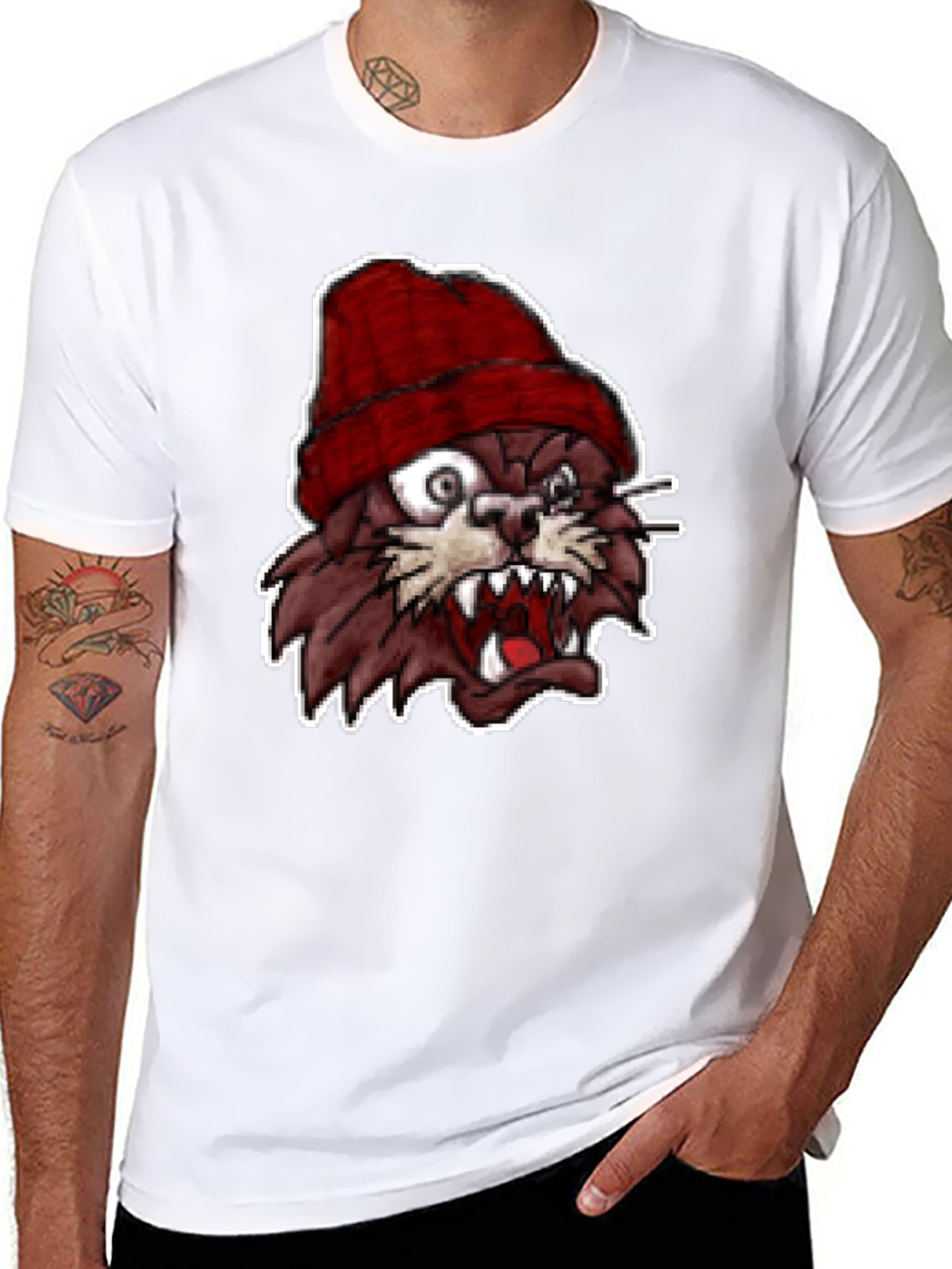 Mens Black T-Shirt with Crazy Cartoon Cat Graphic